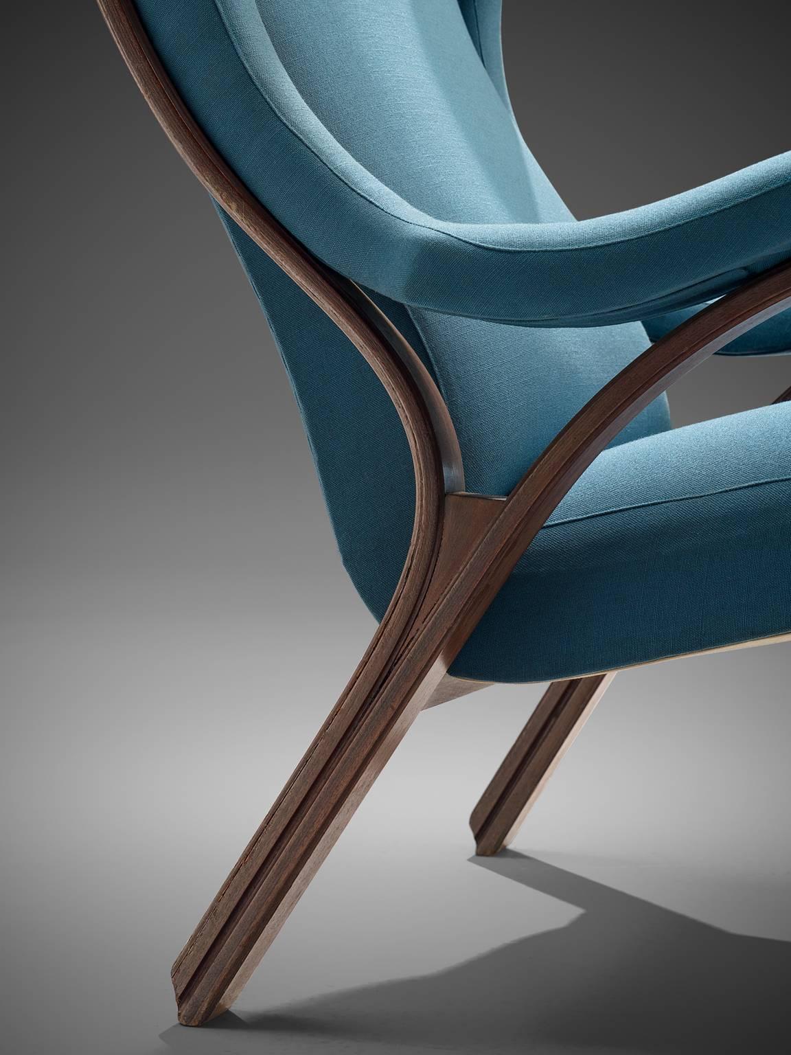 Italian Armchair in Walnut and Petrol Fabric 2