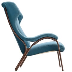 Italian Armchair in Walnut and Petrol Fabric