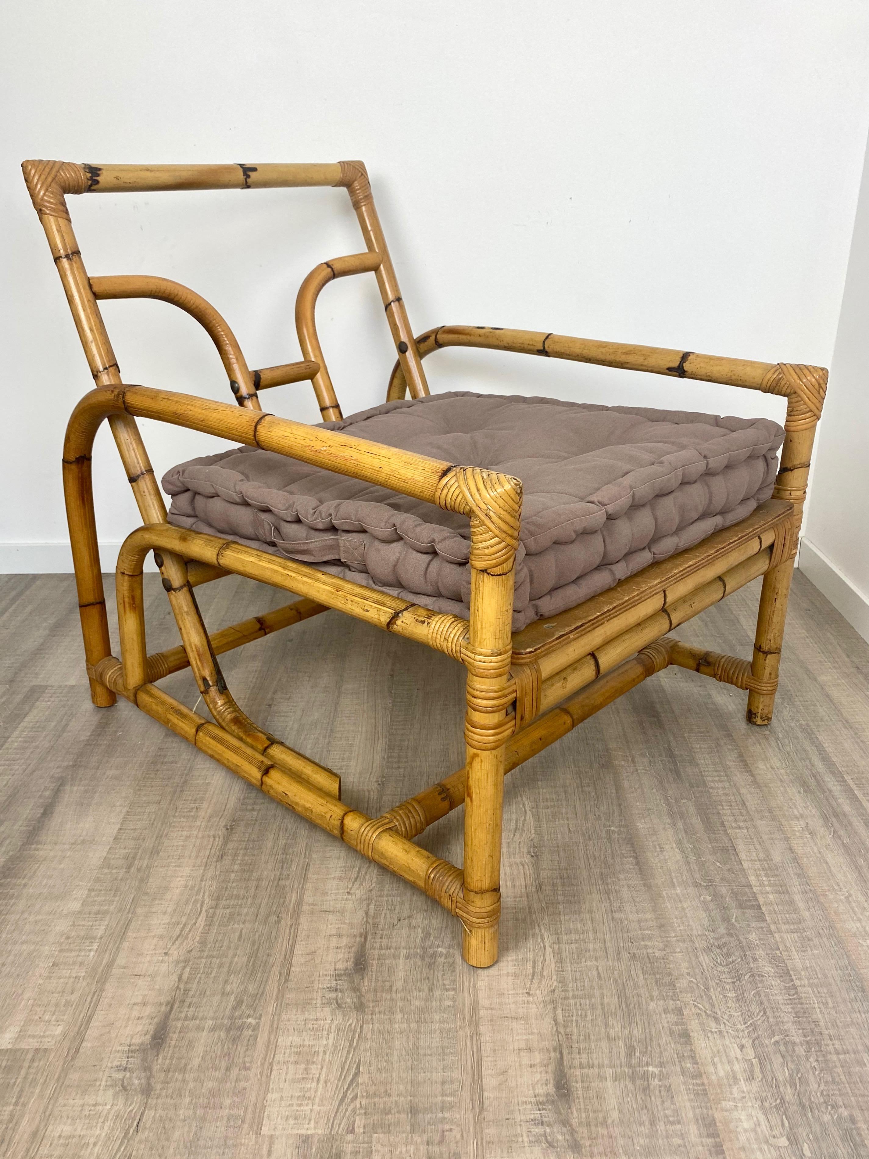 Mid-Century Modern Italian Armchair Lounge Chair Bamboo and Rattan, 1960s For Sale