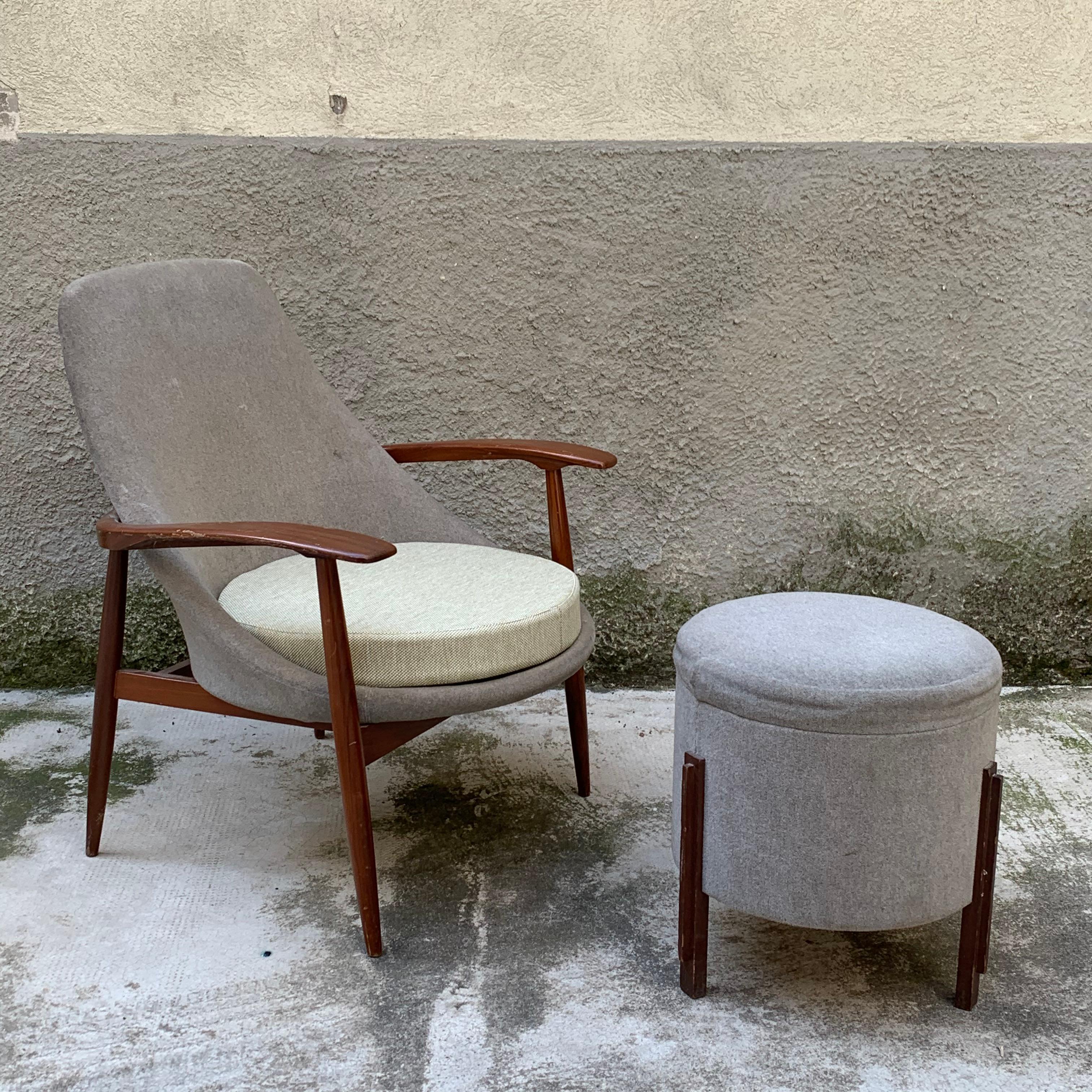 Small armchair with wooden frame, designed and manufactured by Framar, Italy. The ottoman was combined with the chair and matched by the upholstery, although not of the same manufacture. Round seat cushion, redone new in both upholstery and