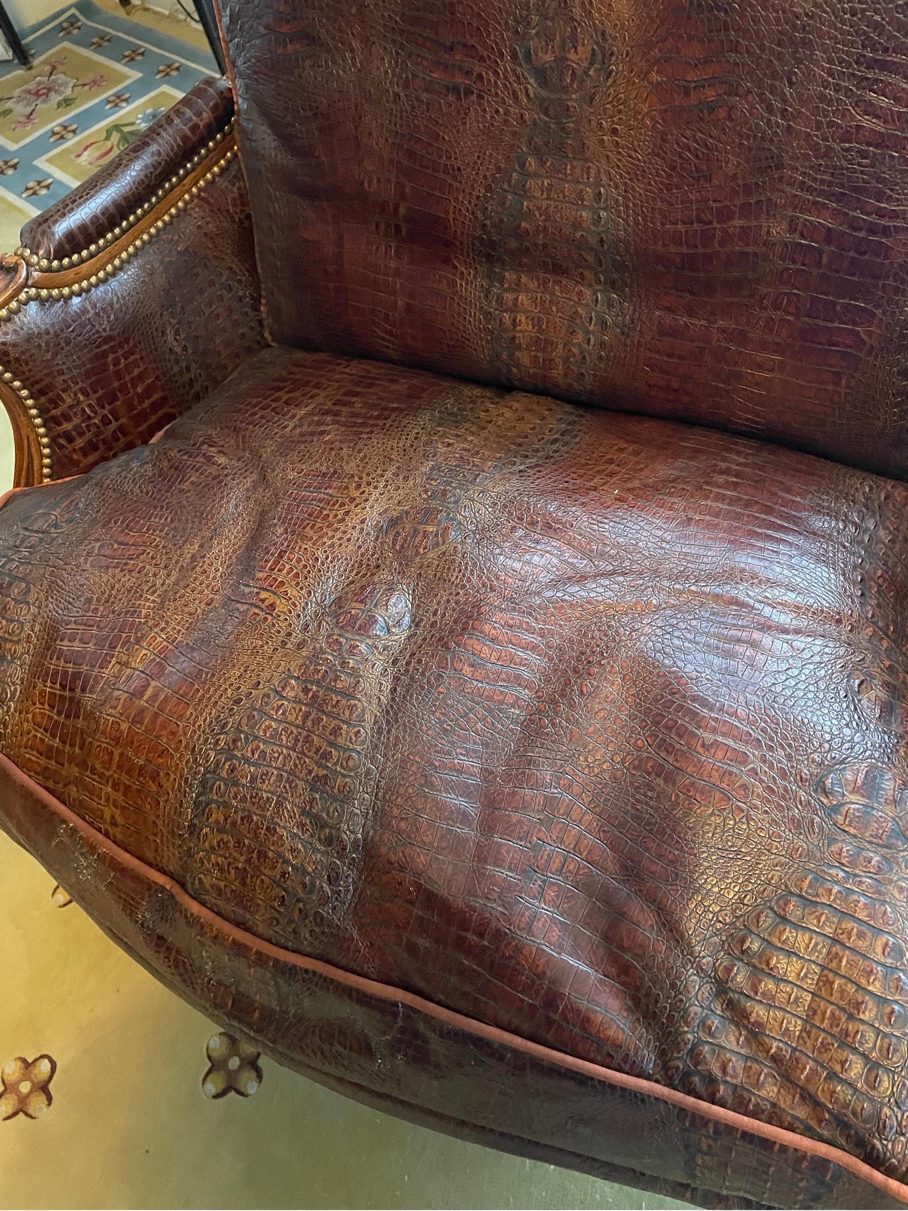 Italian Armchair With ottoman Crocodile Leather Brown  For Sale 4