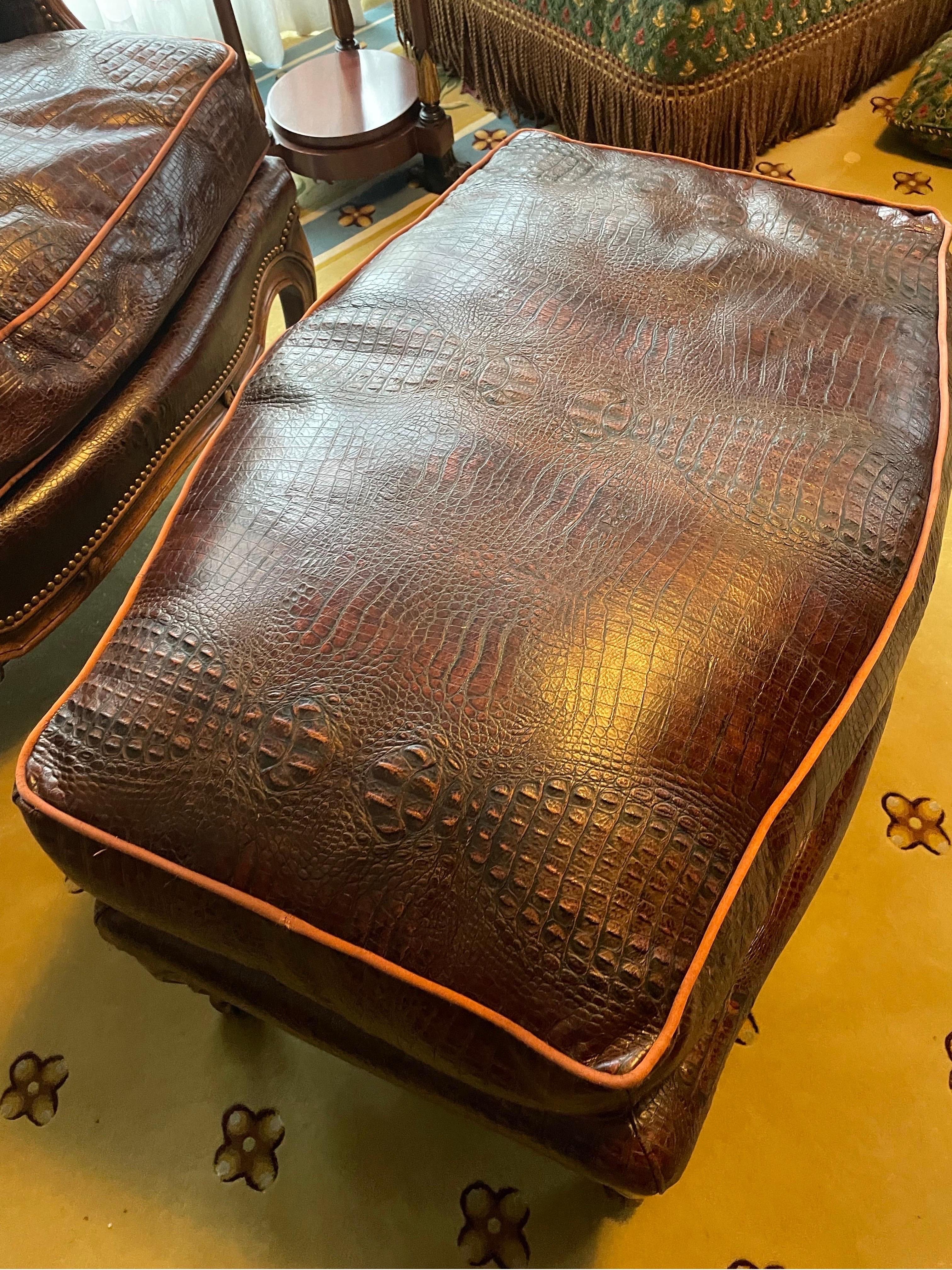 Italian Armchair With ottoman Crocodile Leather Brown  For Sale 5