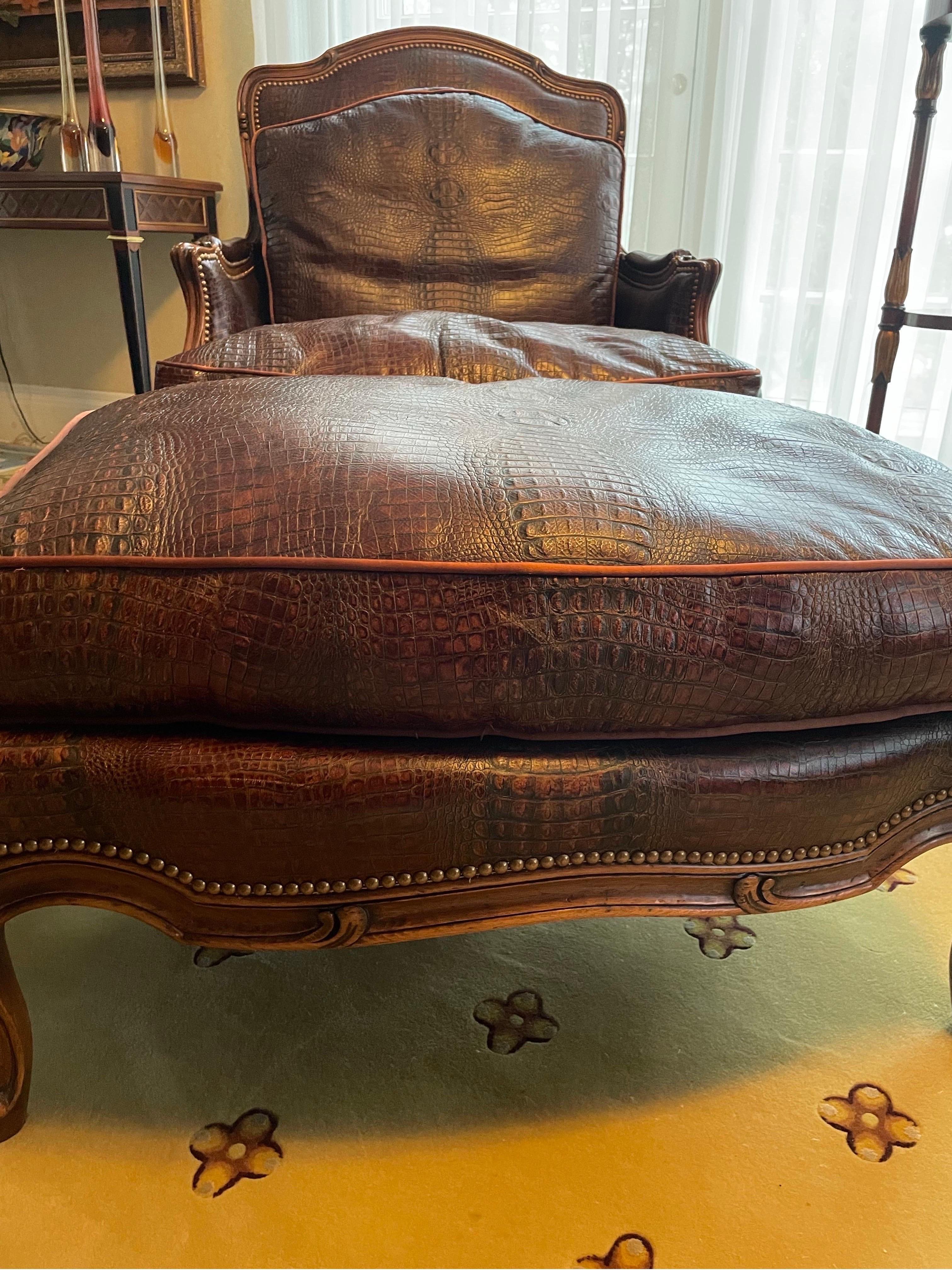 Italian Armchair With ottoman Crocodile Leather Brown  For Sale 7