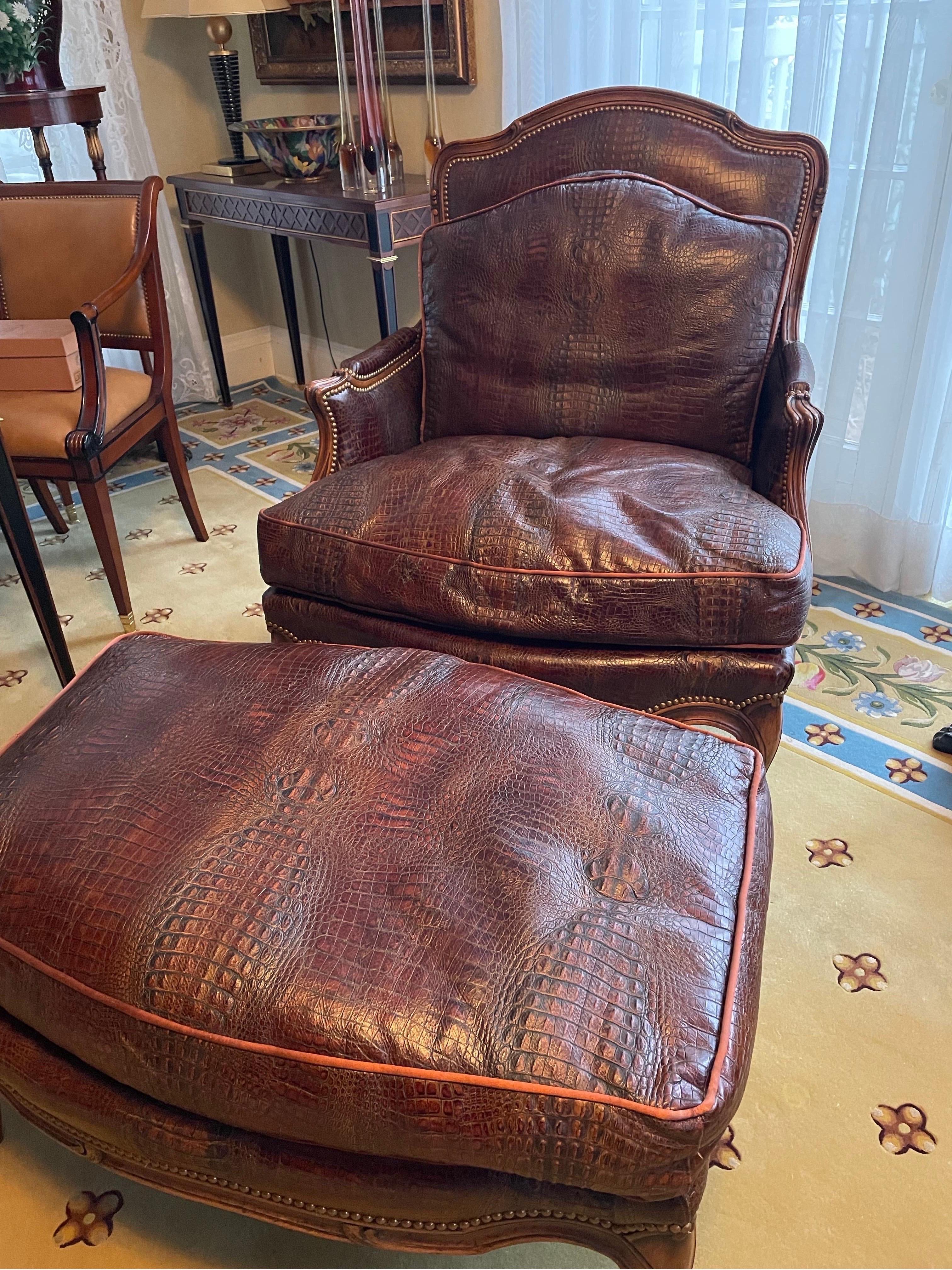 International Style Italian Armchair With ottoman Crocodile Leather Brown  For Sale