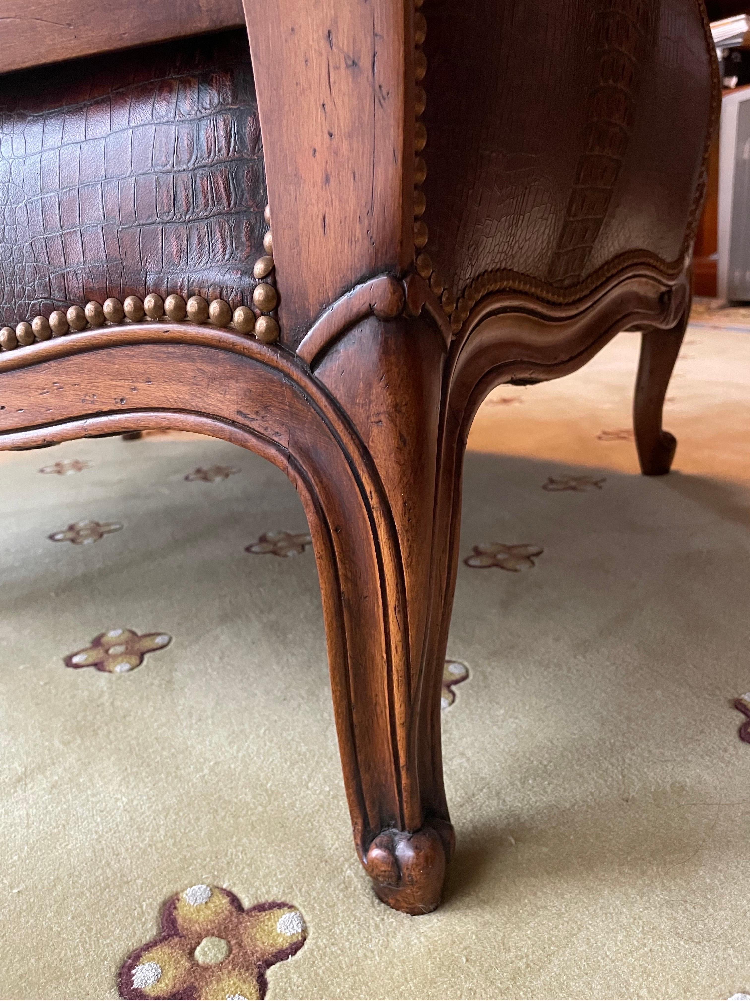 Hand-Carved Italian Armchair With ottoman Crocodile Leather Brown  For Sale