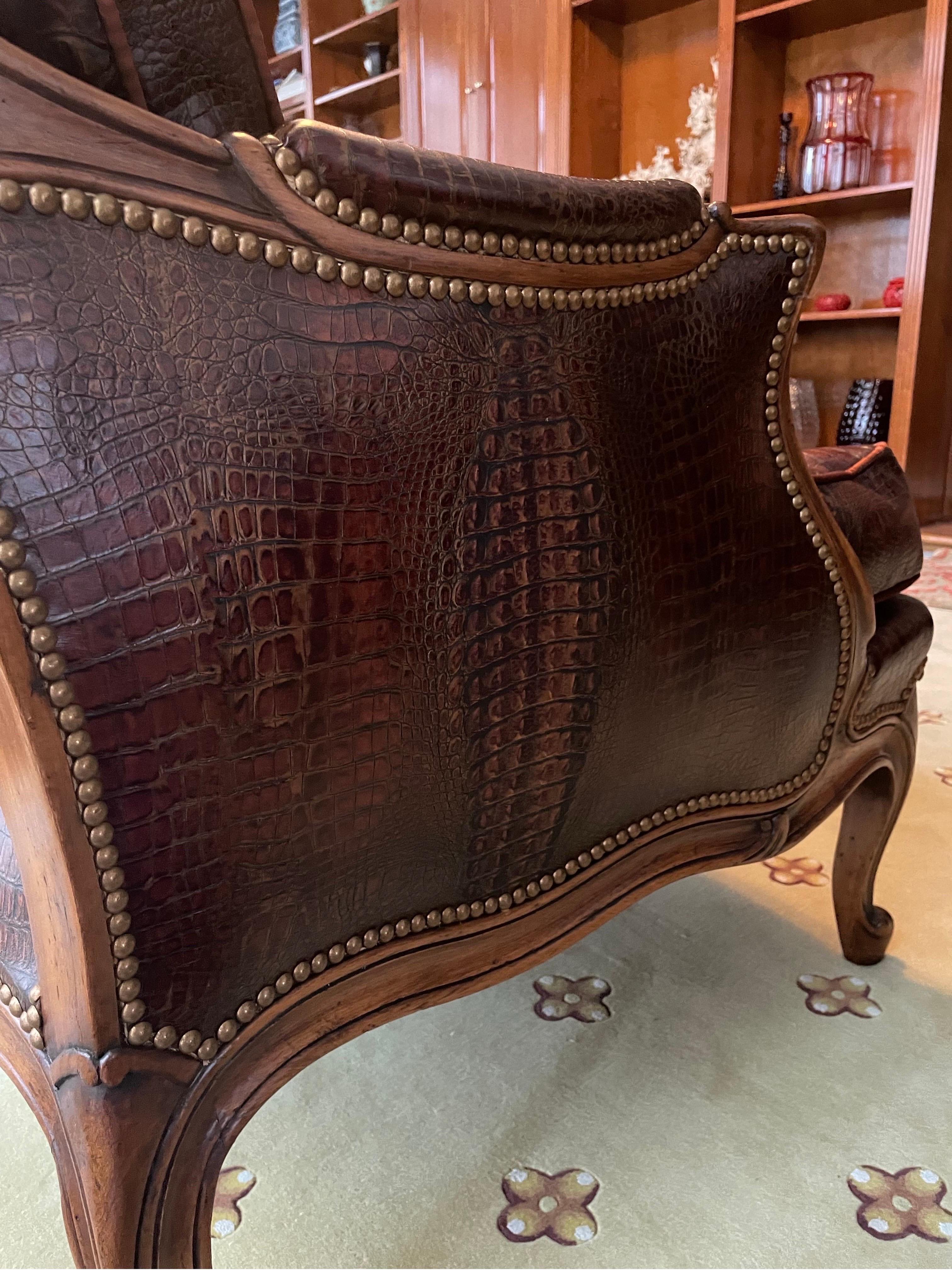 Italian Armchair With ottoman Crocodile Leather Brown  In Excellent Condition For Sale In Long Island, NY
