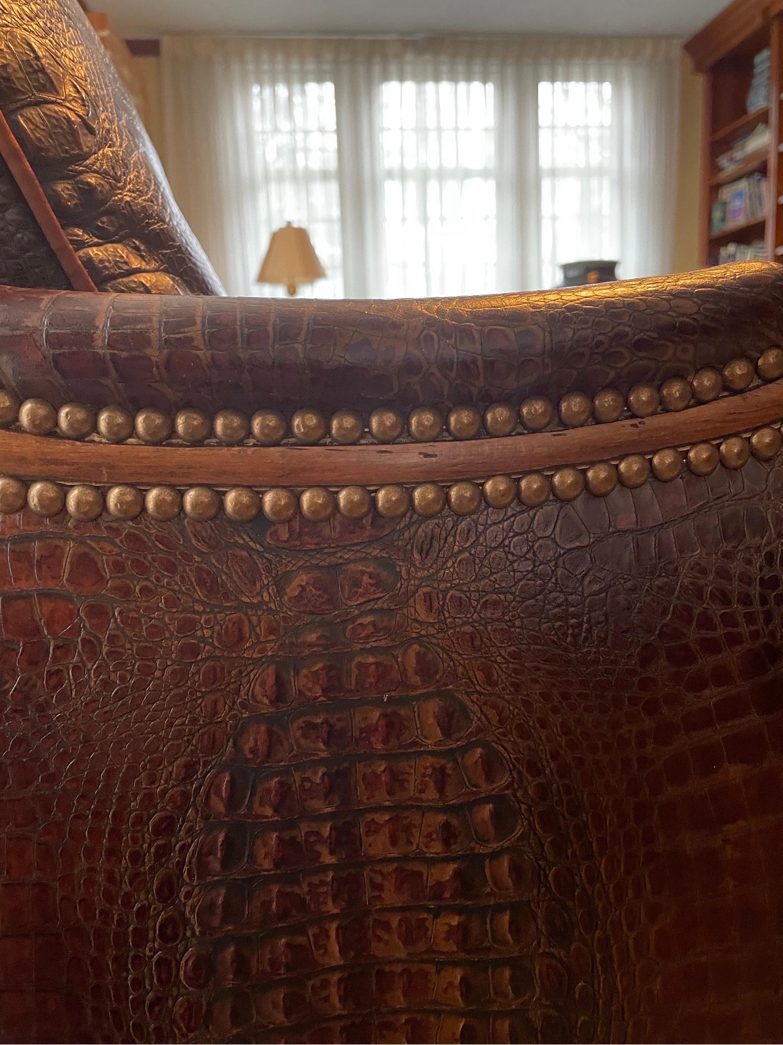 Contemporary Italian Armchair With ottoman Crocodile Leather Brown  For Sale