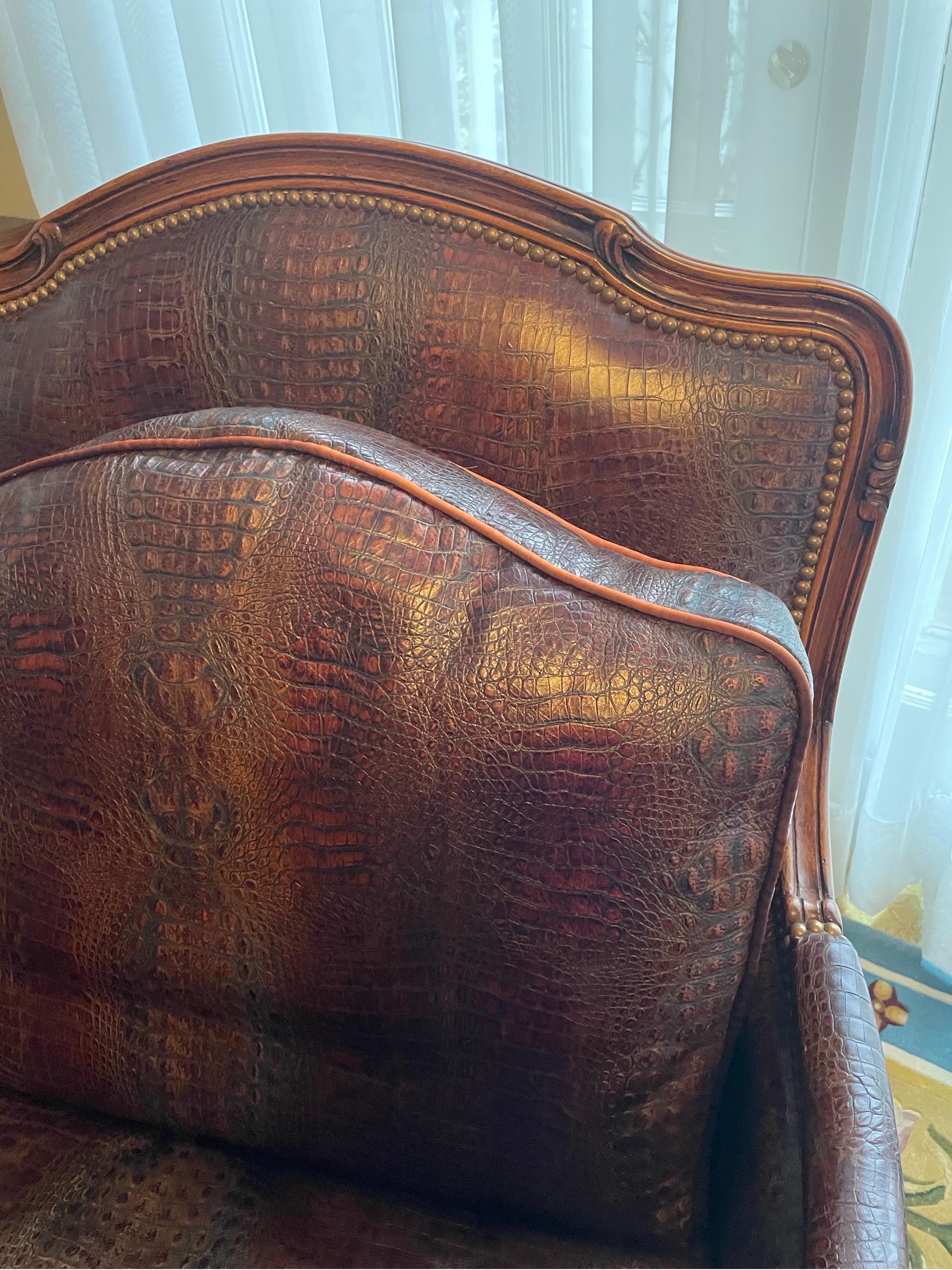 Italian Armchair With ottoman Crocodile Leather Brown  For Sale 3