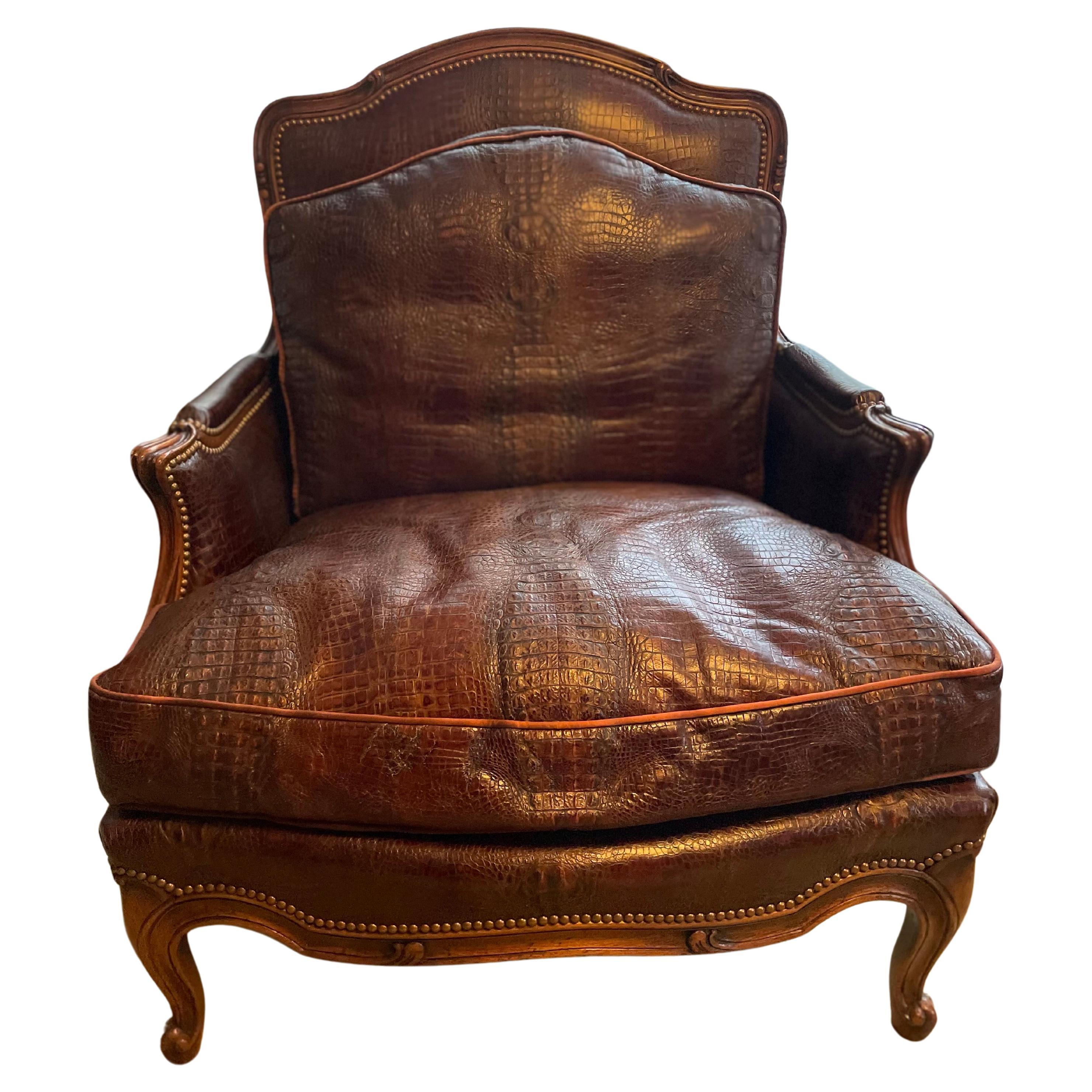 Italienischer Sessel mit Ottomane Krokodilleder Brown