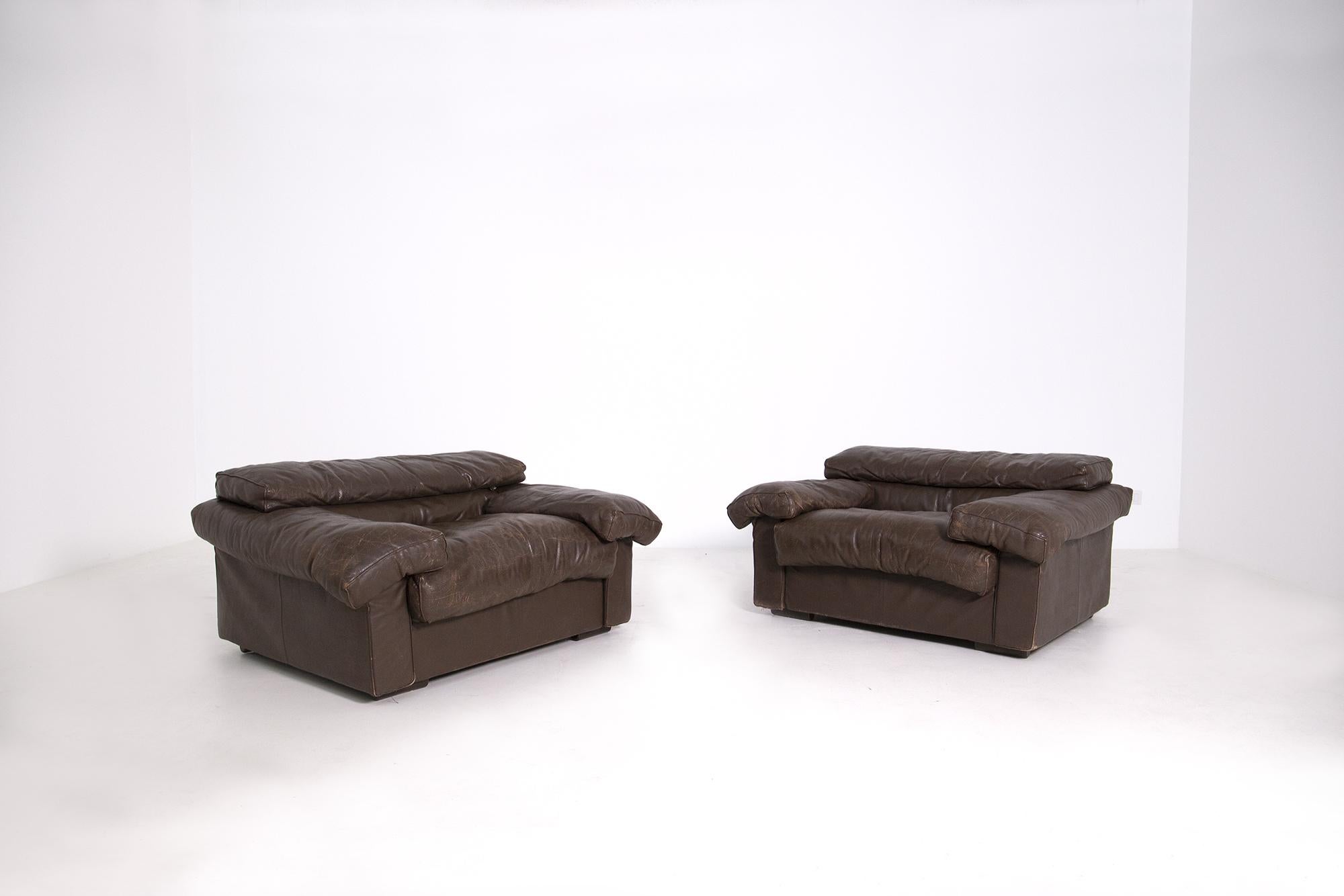 Italienische Sessel von Tobia Scarpa für B&B Italia, Modell Erasmo aus braunem Leder (Moderne der Mitte des Jahrhunderts)