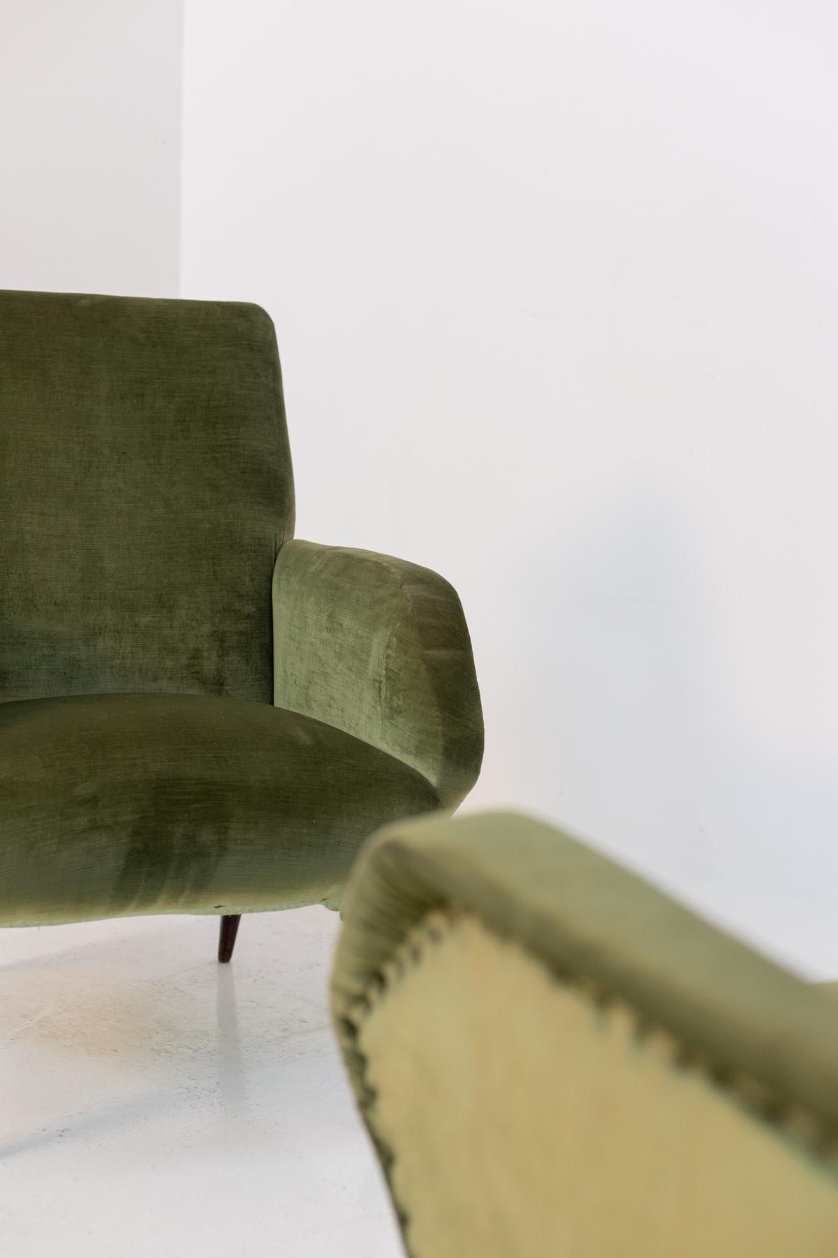 Italian Armchairs in Green Velvet and Wood For Sale 9
