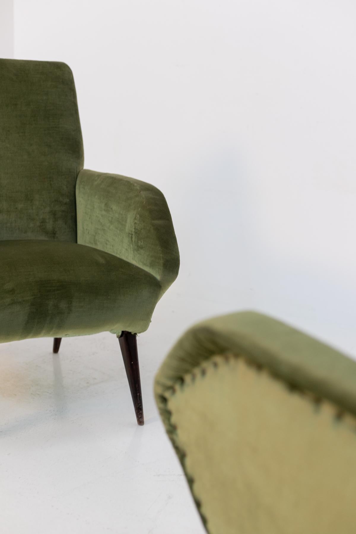 Italian Armchairs in Green Velvet and Wood For Sale 10