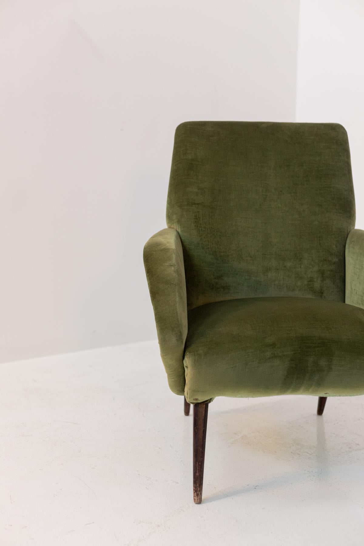 Italian Armchairs in Green Velvet and Wood For Sale 11