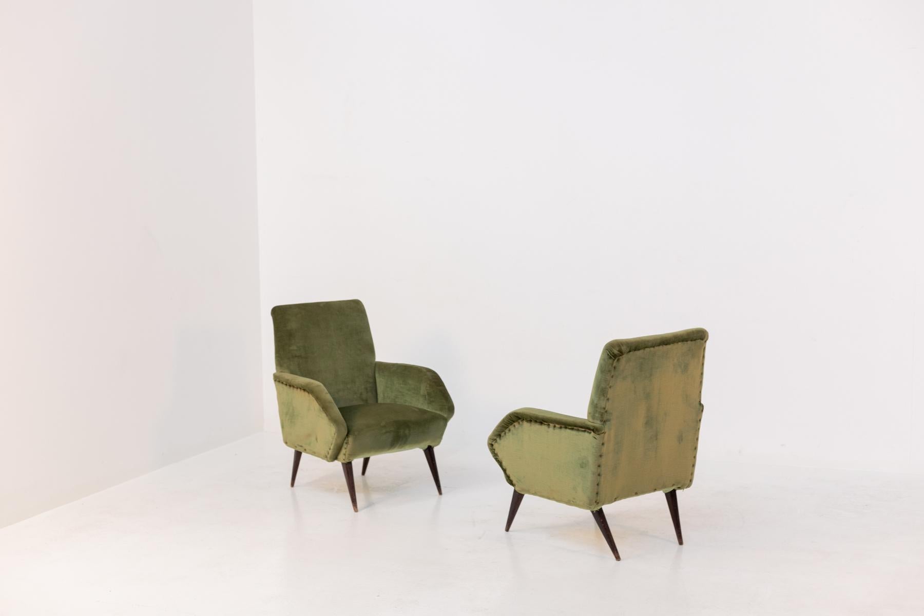 Italian Armchairs in Green Velvet and Wood For Sale 12