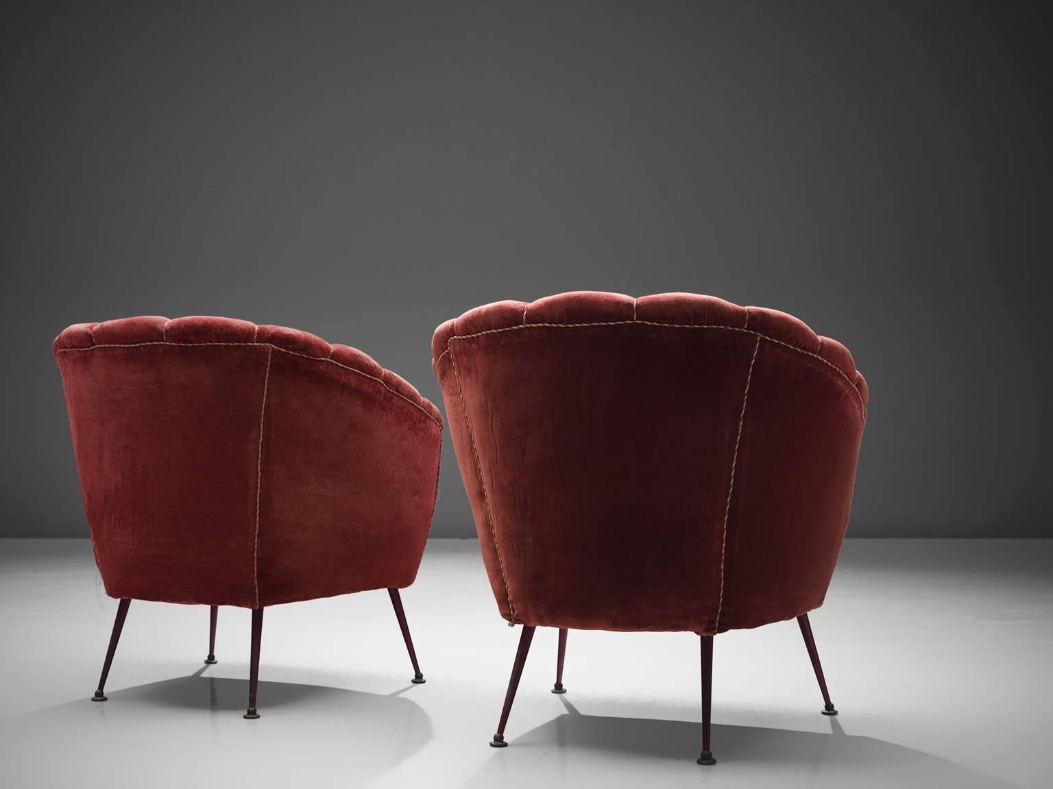 Mid-Century Modern Italian Armchairs in Red Velvet and Brass