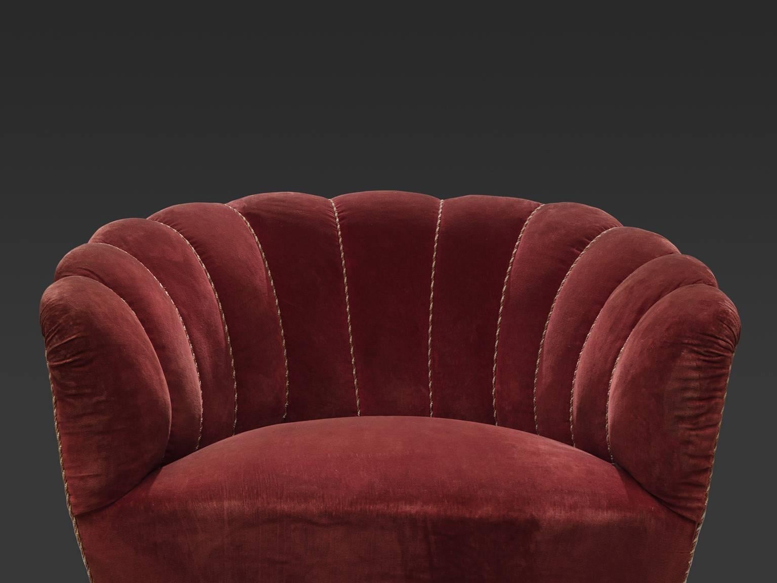 Mid-20th Century Italian Armchairs in Red Velvet and Brass