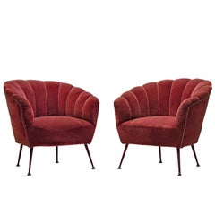 Italian Armchairs in Red Velvet and Brass