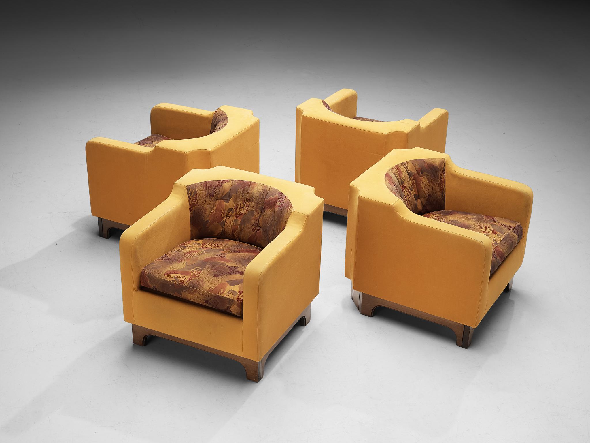 Armchairs, velvet, fabric, walnut veneer, Italy, 1970s. 

The construction of these wonderful armchairs show strong resemblance to the club chairs designed by the Italian manufacturer Saporiti. The outer frame is upholstered in camel velvet