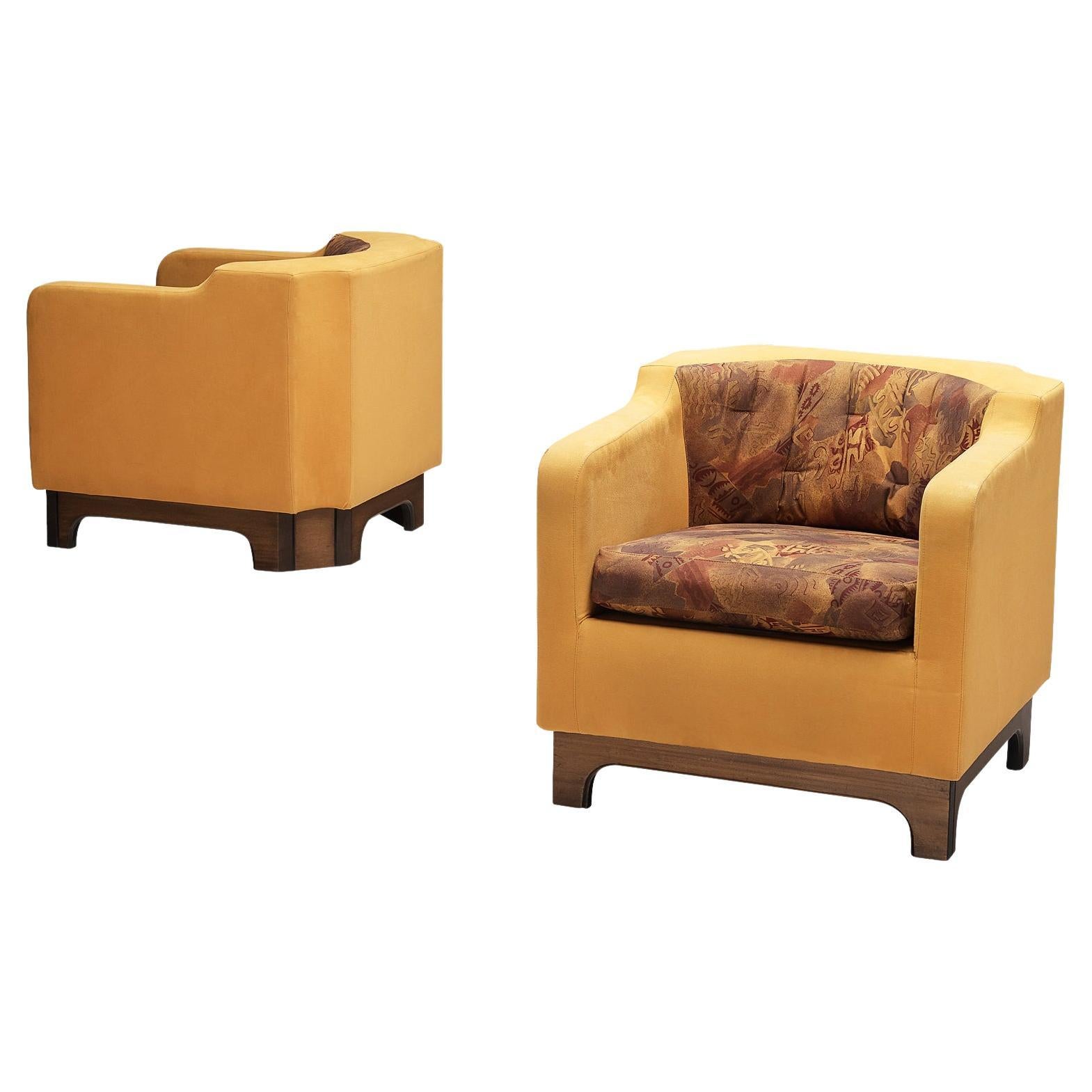 Italian Armchairs in Walnut and Yellow Upholstery For Sale