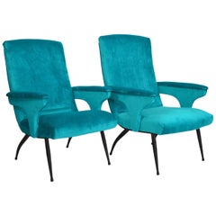 Italian Armchairs or Lounge Chairs Restored in Petrol Velvet, 1950s