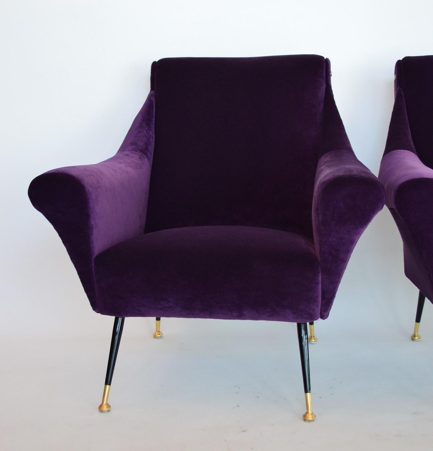 Mid-Century Modern Italian Armchairs or Lounge Chairs Restored in Purple Velvet, 1950s