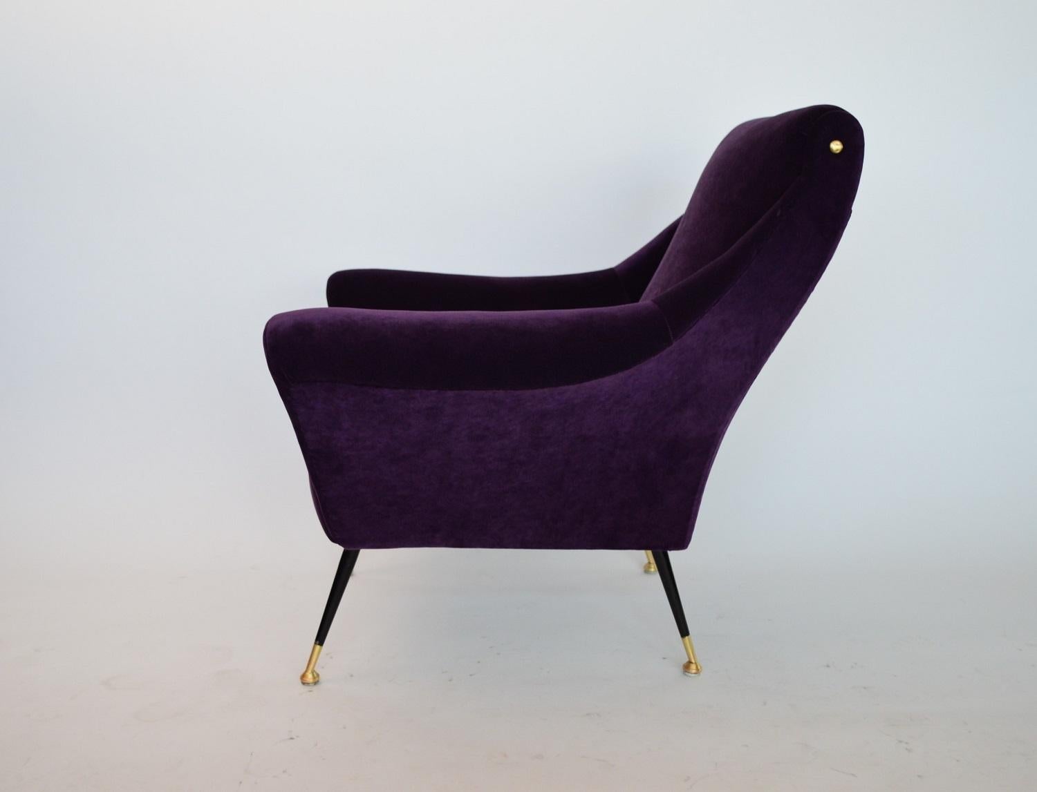 Mid-20th Century Italian Armchairs or Lounge Chairs Restored in Purple Velvet, 1950s