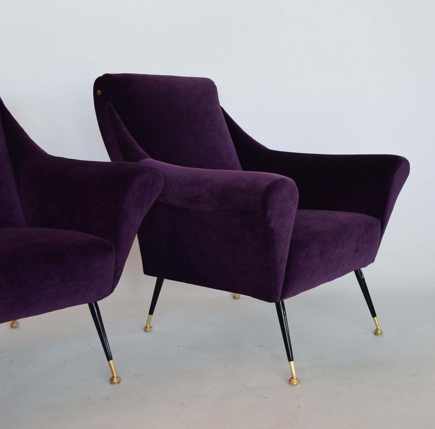Brass Italian Armchairs or Lounge Chairs Restored in Purple Velvet, 1950s