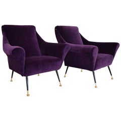Italian Armchairs or Lounge Chairs Restored in Purple Velvet, 1950s