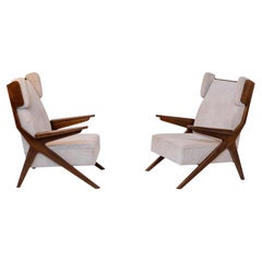 Italian Armchairs Pair Attr. to Augusto Romano in Walnut Wood and Grey Velvet