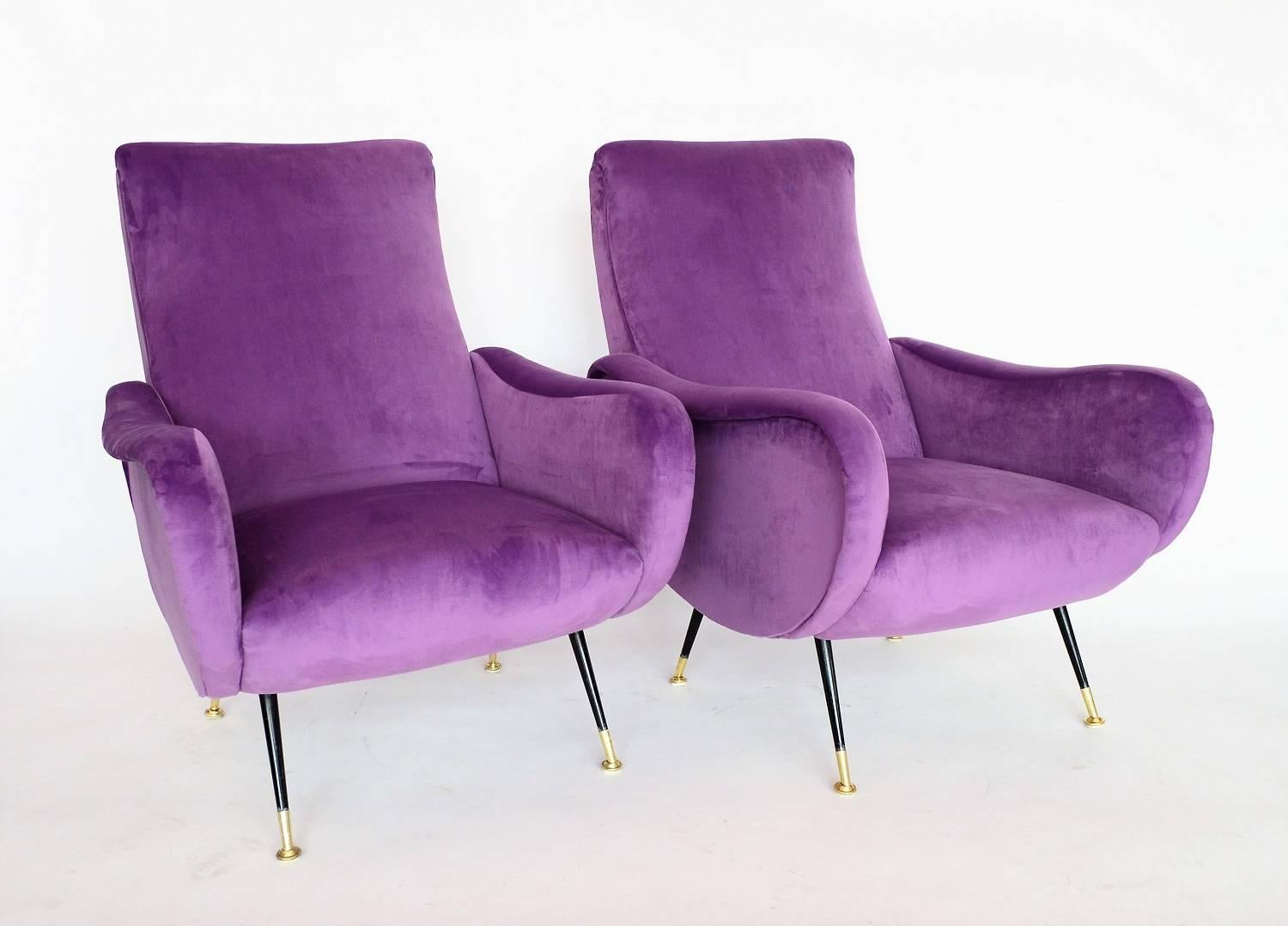 Mid-Century Modern Italian Armchairs Restored with Light Purple Velvet, 1950s