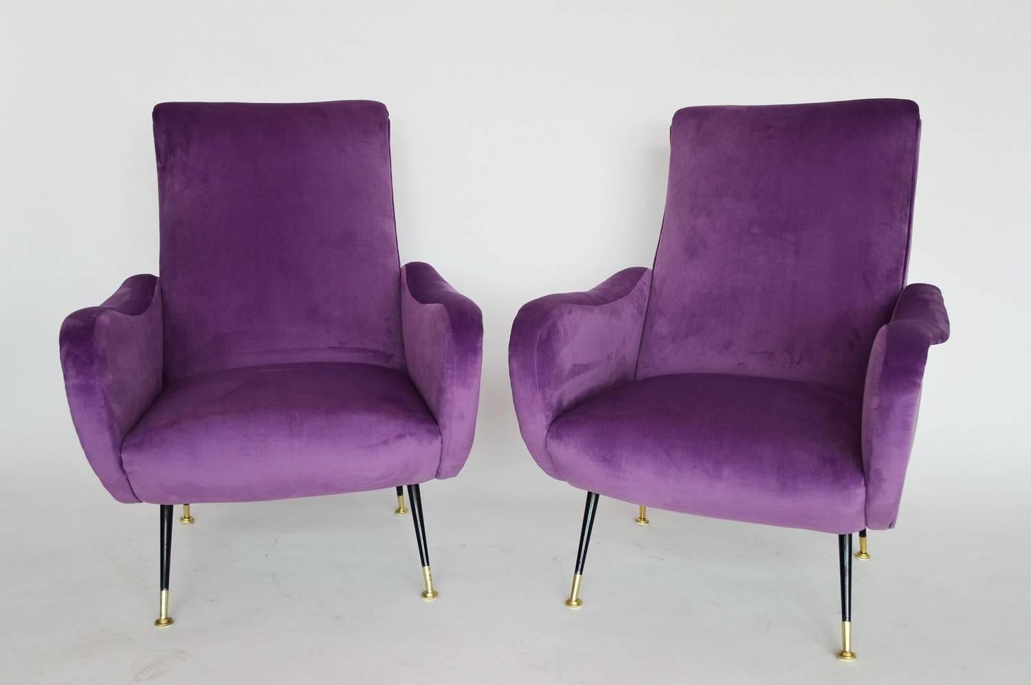 Brass Italian Armchairs Restored with Light Purple Velvet, 1950s