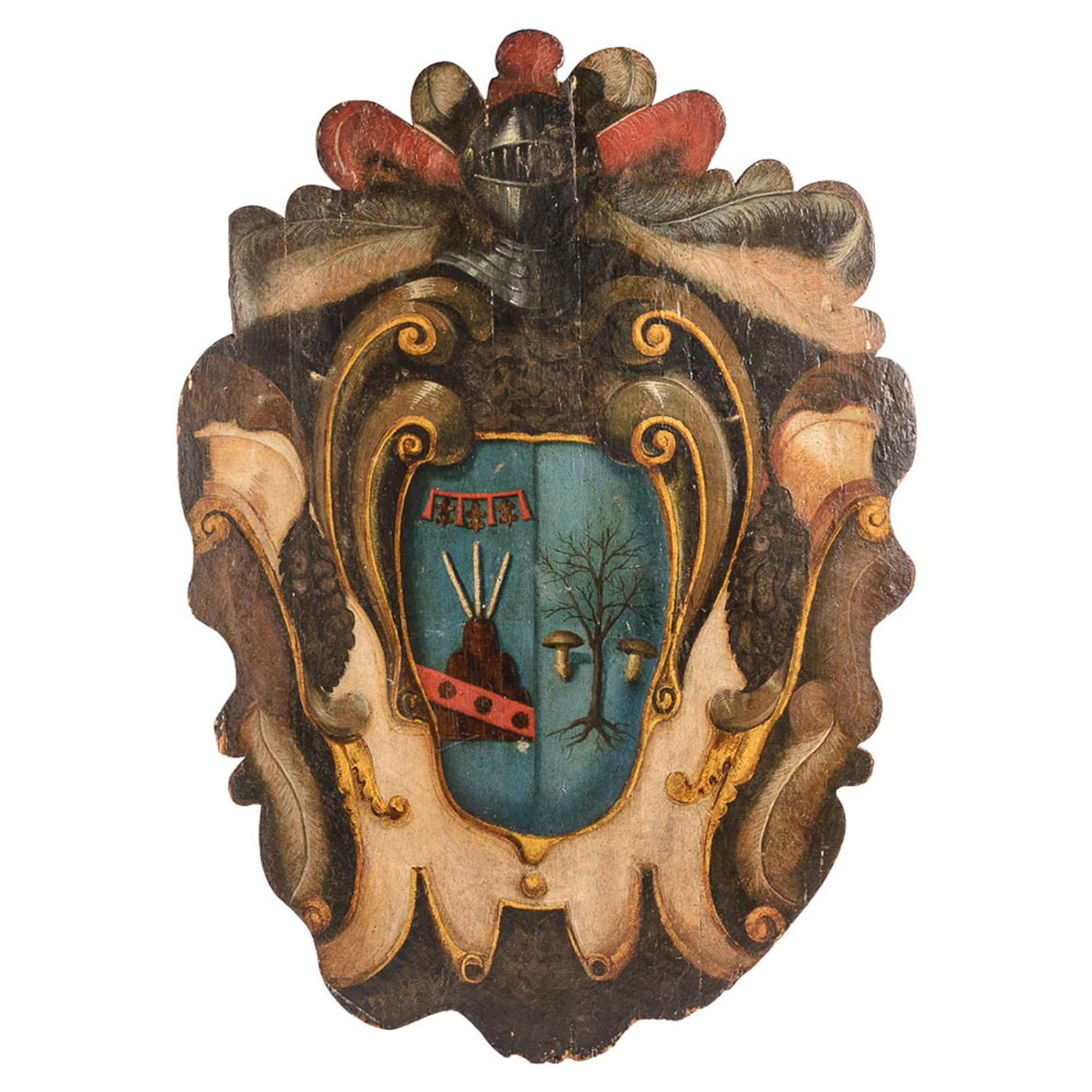 Italian Armorial Shield Coat of Arms, Large Hand Painted Wood, 18Th.C.