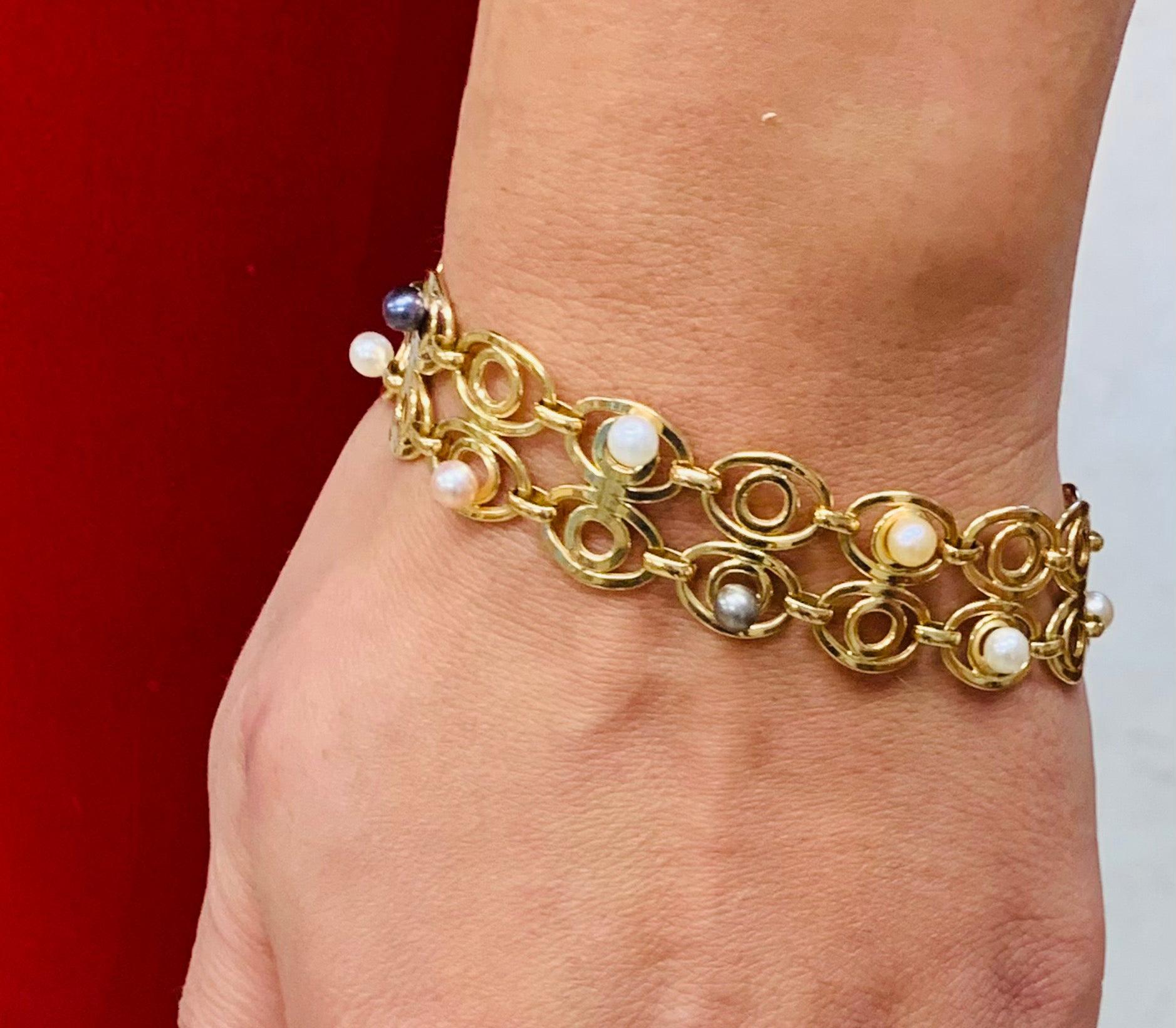 Italian Art Deco 18-Karat Yellow Gold and Pearls Bracelet 6