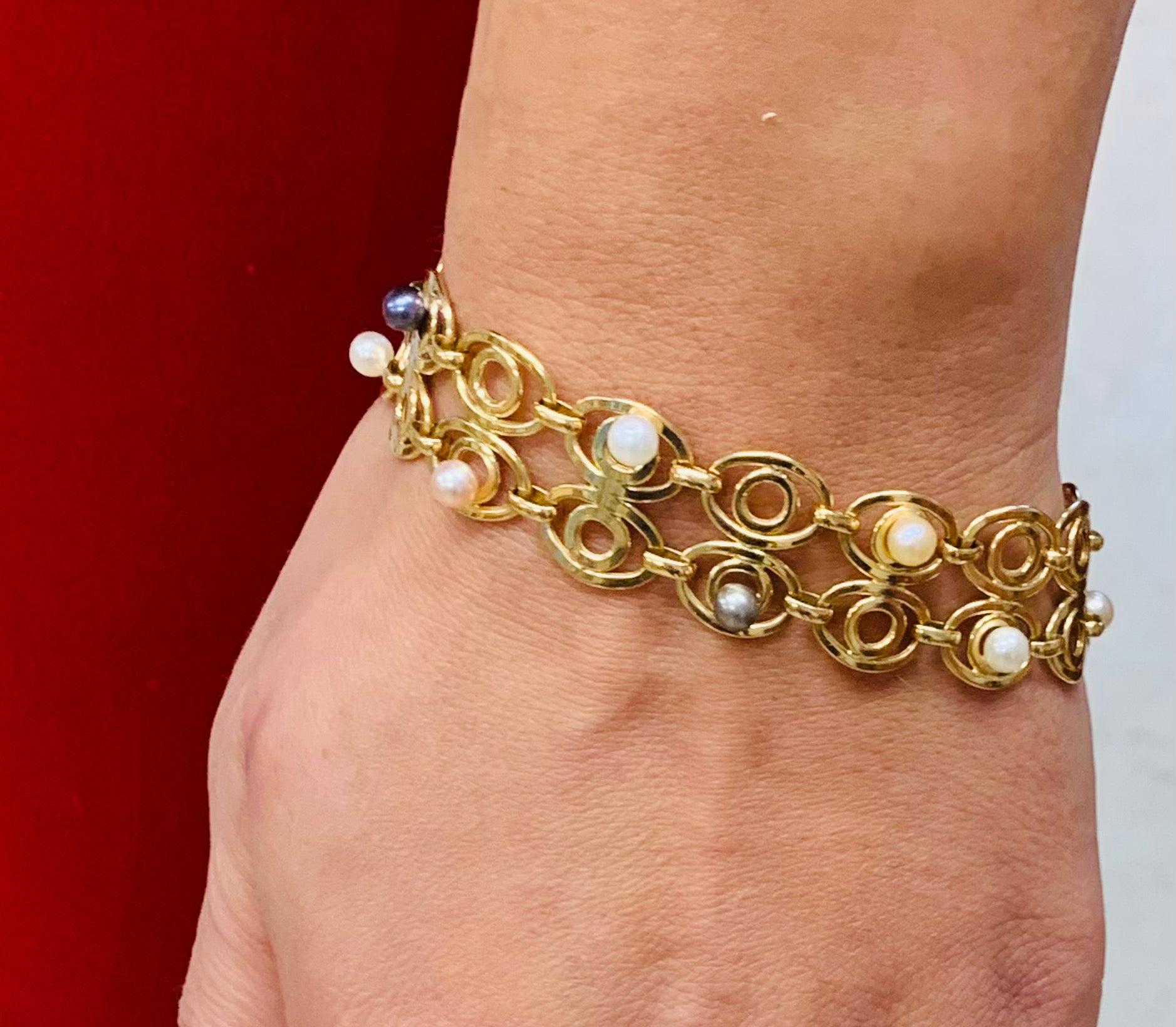 Italian Art Deco 18-Karat Yellow Gold and Pearls Bracelet For Sale 6