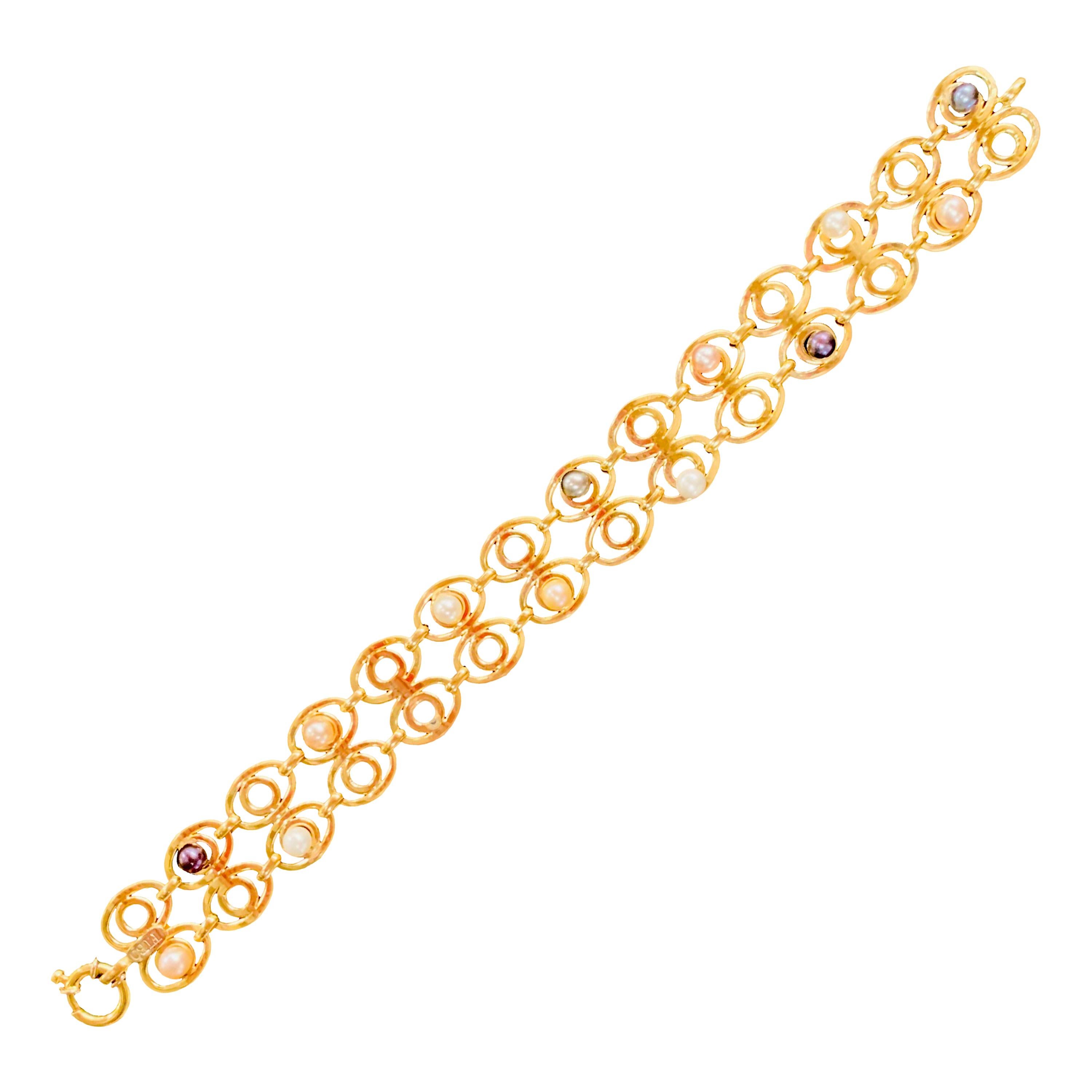 Bracelet italien Art déco en or jaune 18 carats et perles