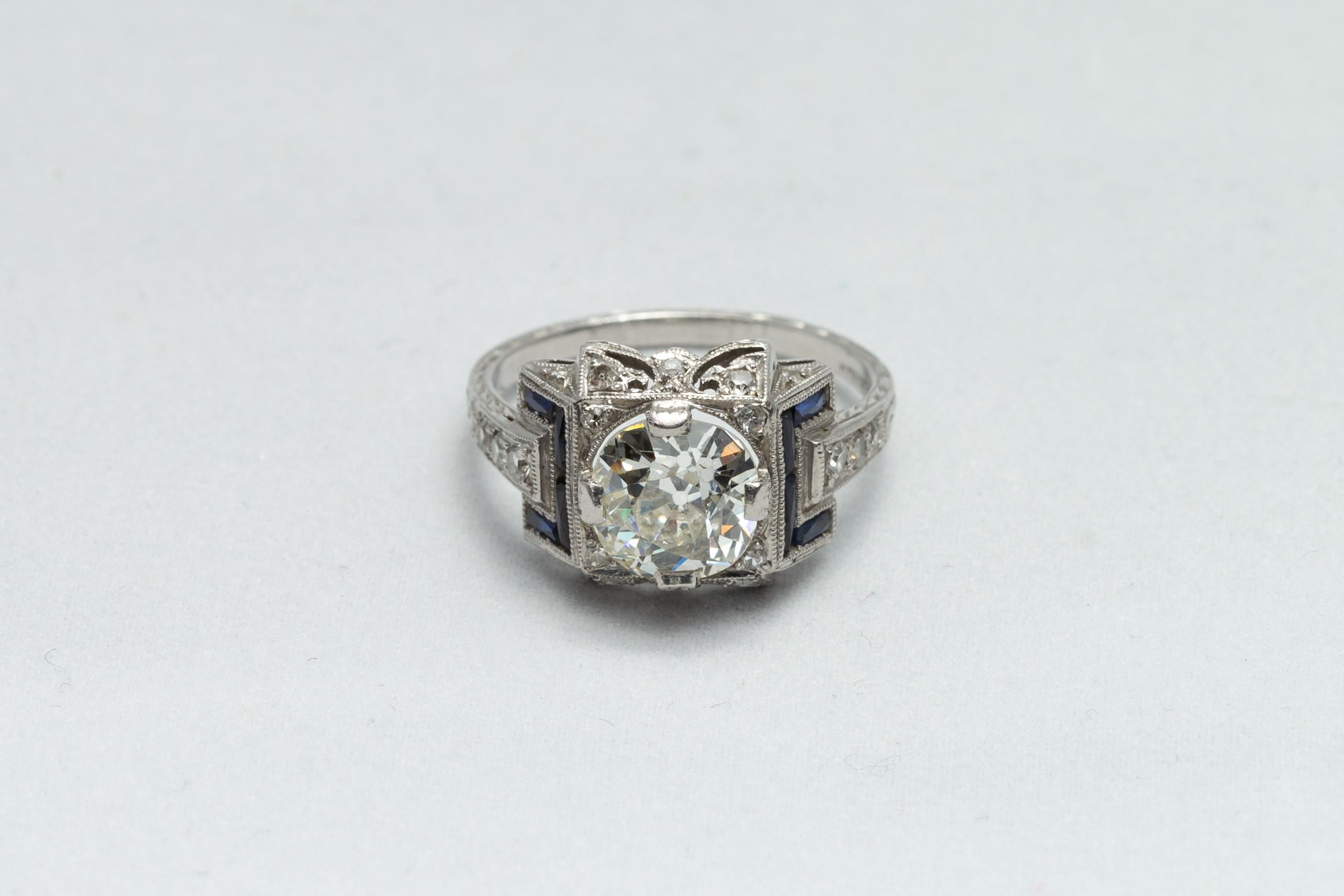 Italian Art Deco 1.80 Carat Diamond, French Cut Blue Sapphires and Platinum Ring 5