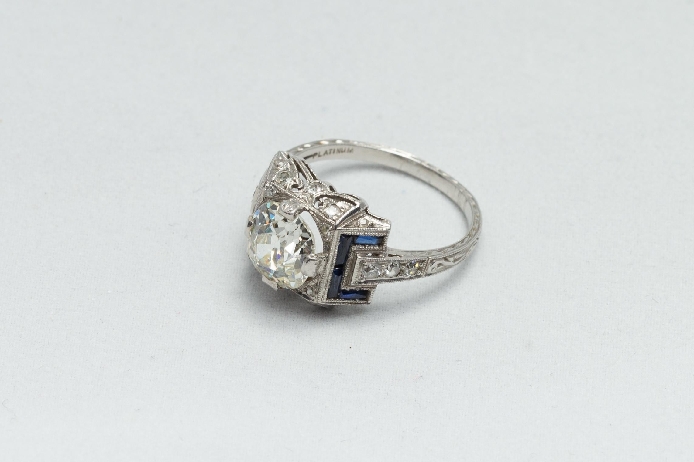 Old European Cut Italian Art Deco 1.80 Carat Diamond, French Cut Blue Sapphires and Platinum Ring