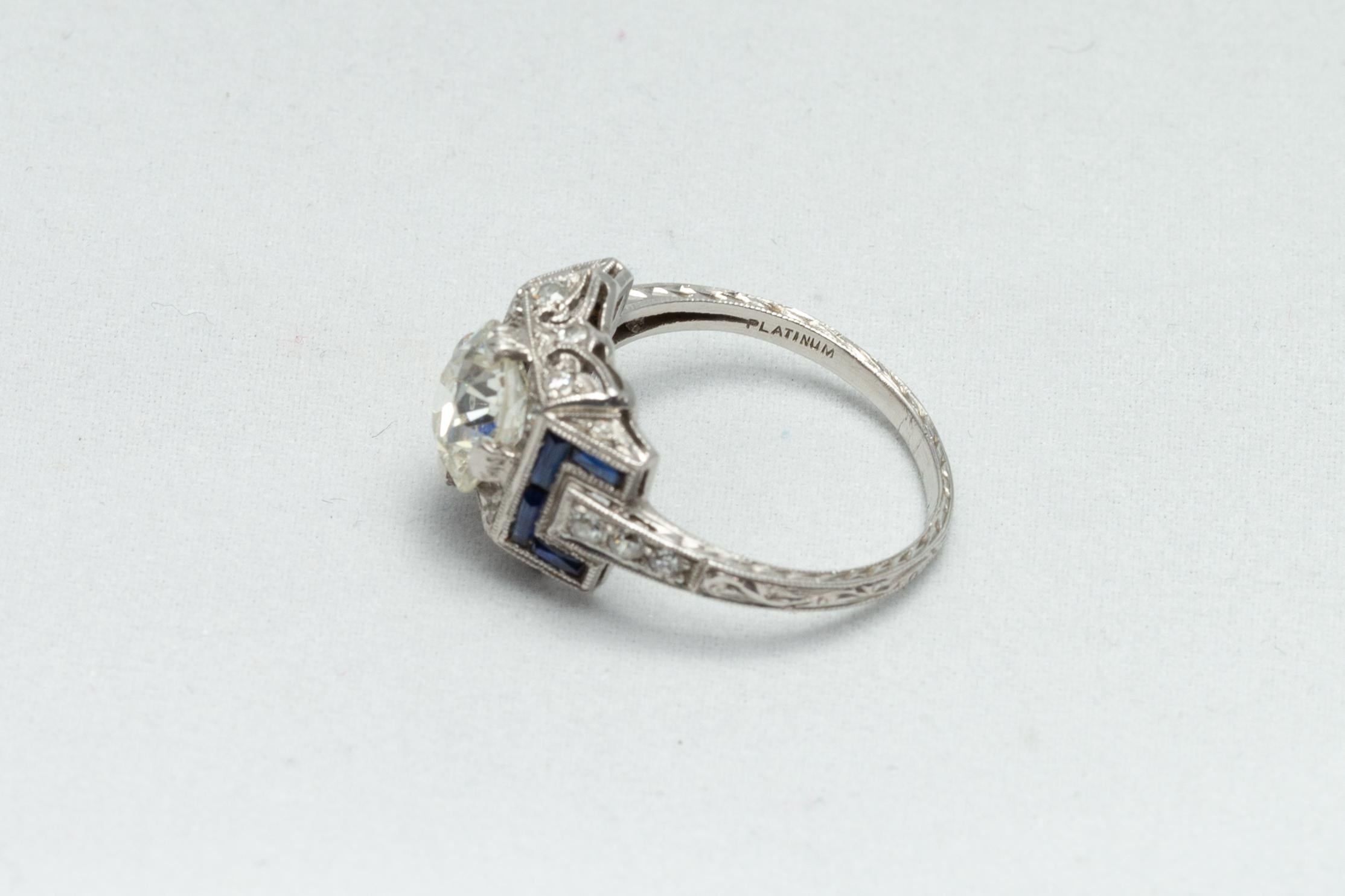 Italian Art Deco 1.80 Carat Diamond, French Cut Blue Sapphires and Platinum Ring In Good Condition In Miami, FL