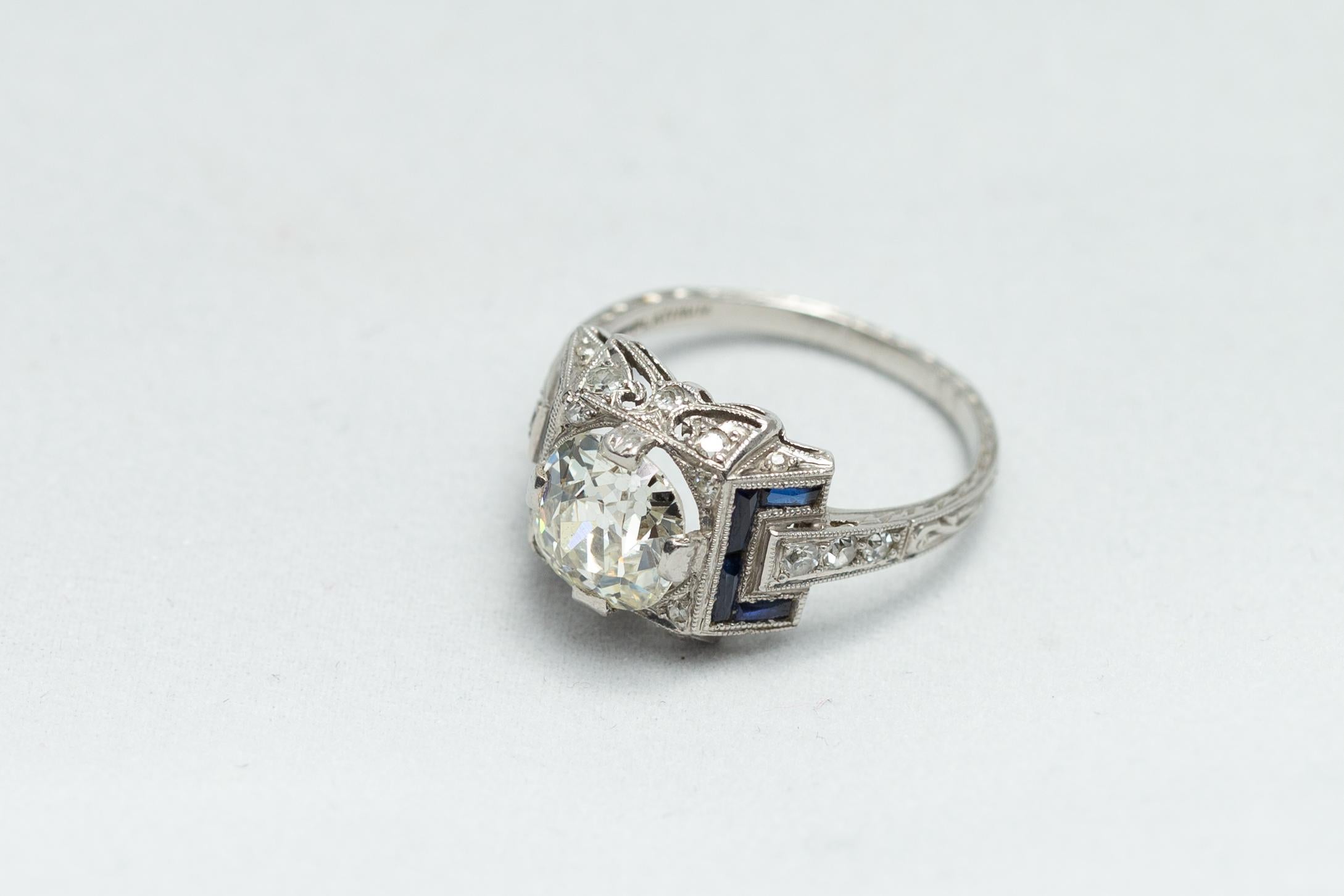 Women's Italian Art Deco 1.80 Carat Diamond, French Cut Blue Sapphires and Platinum Ring