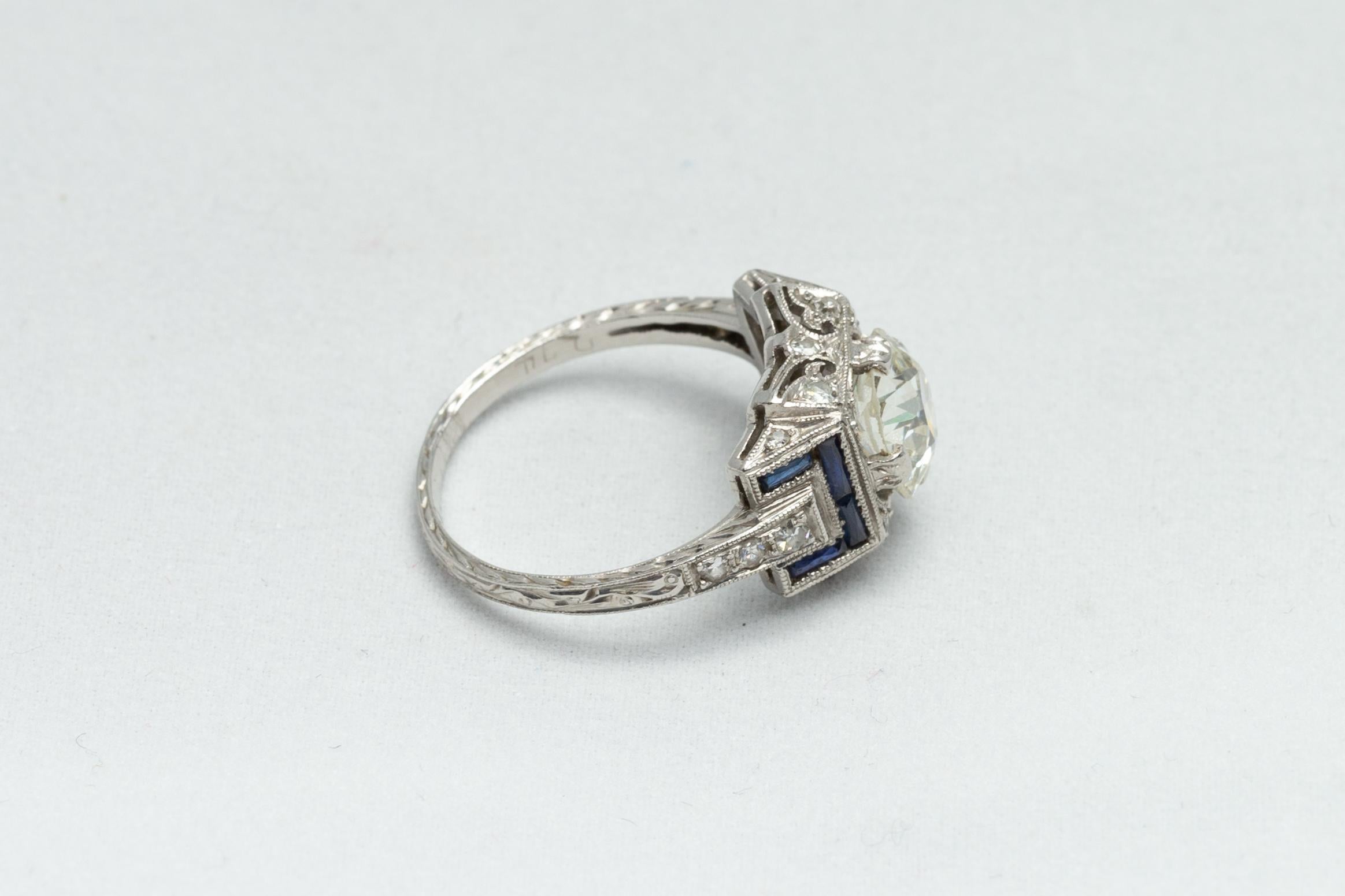 Italian Art Deco 1.80 Carat Diamond, French Cut Blue Sapphires and Platinum Ring 2