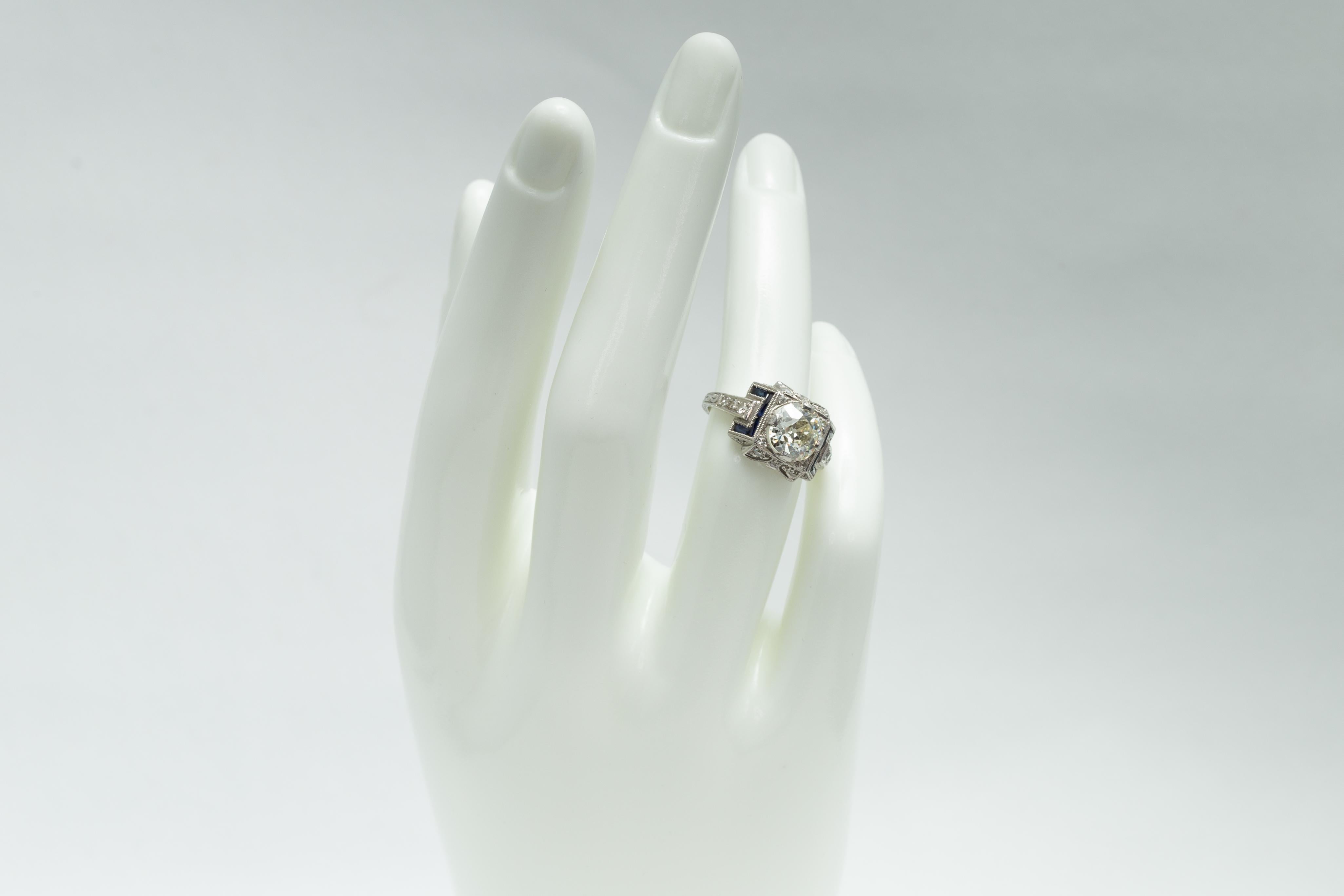 Italian Art Deco 1.80 Carat Diamond, French Cut Blue Sapphires and Platinum Ring 4