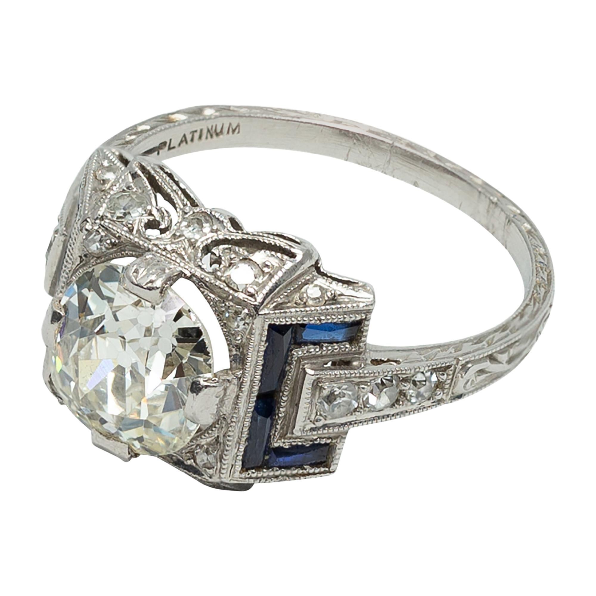 Italian Art Deco 1.80 Carat Diamond, French Cut Blue Sapphires and Platinum Ring