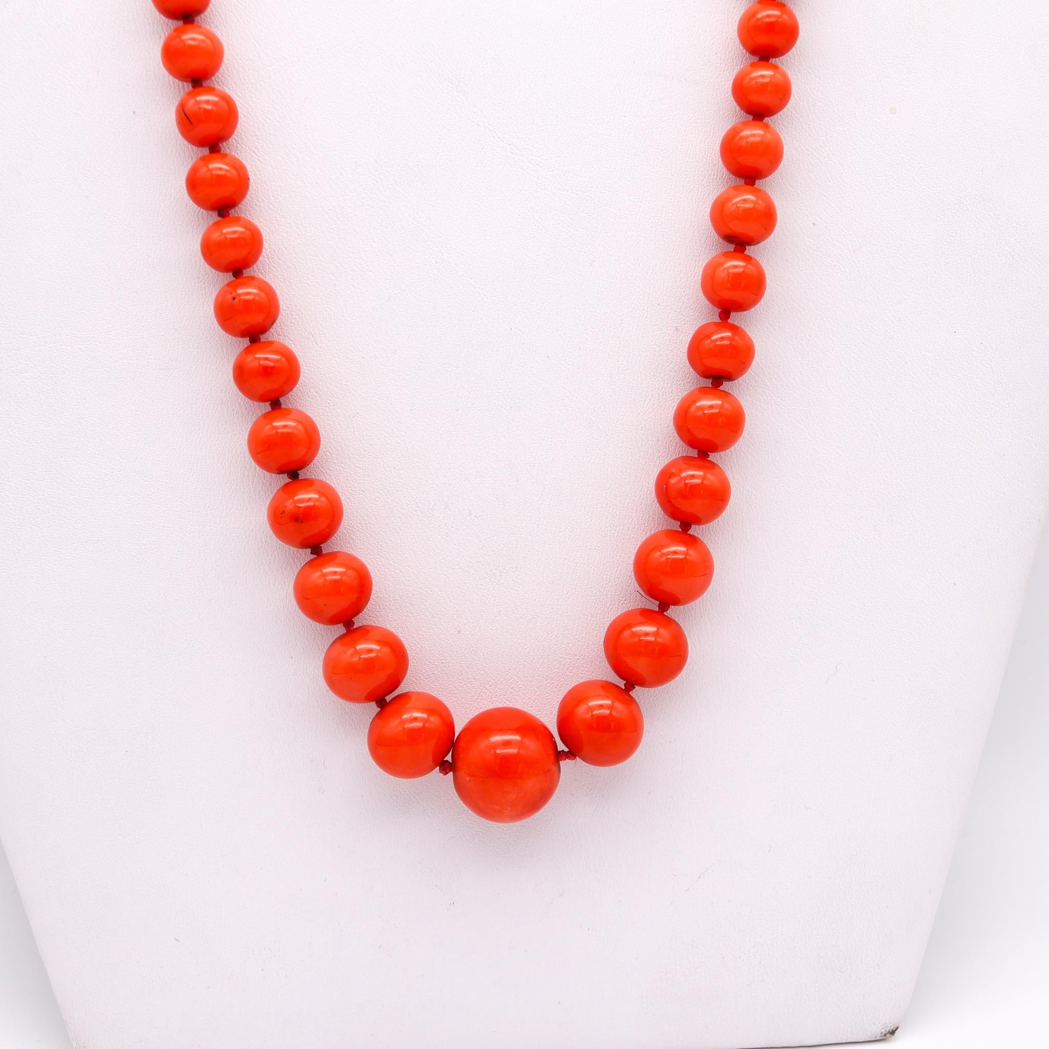 A rare graduated coral beads necklace.

This coral necklace is very beautiful and assembled with a great selection of carved corals. This beautiful necklace were created in Naples Italy, during the art deco period, back in the 1930. This rare