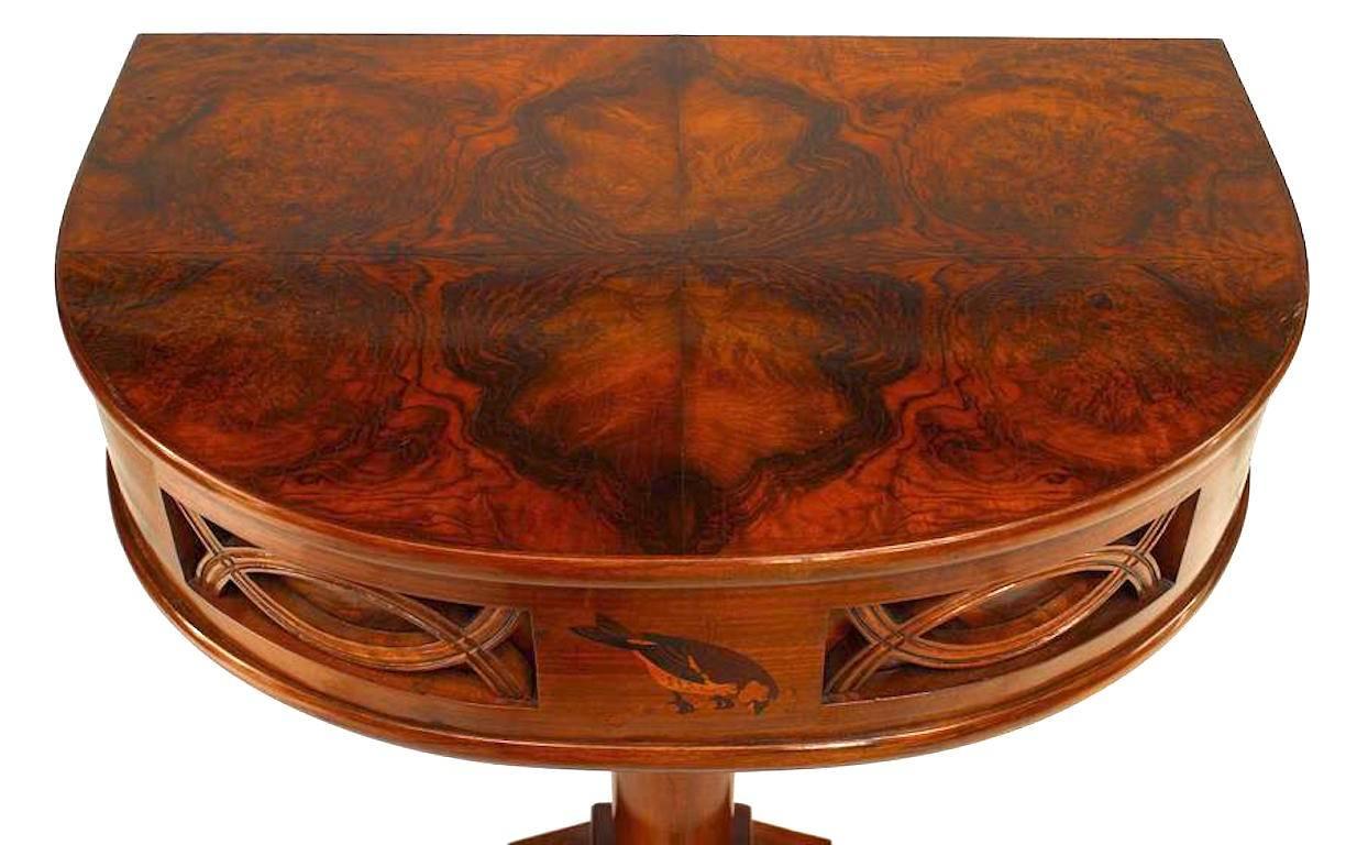 Italian Art Deco (1930) rosewood console table with demilune burl walnut top with inlaid birds & 2 relief panels on apron resting on a pedestal base (Attributed to DUILIO CAMBELLOTTI)
