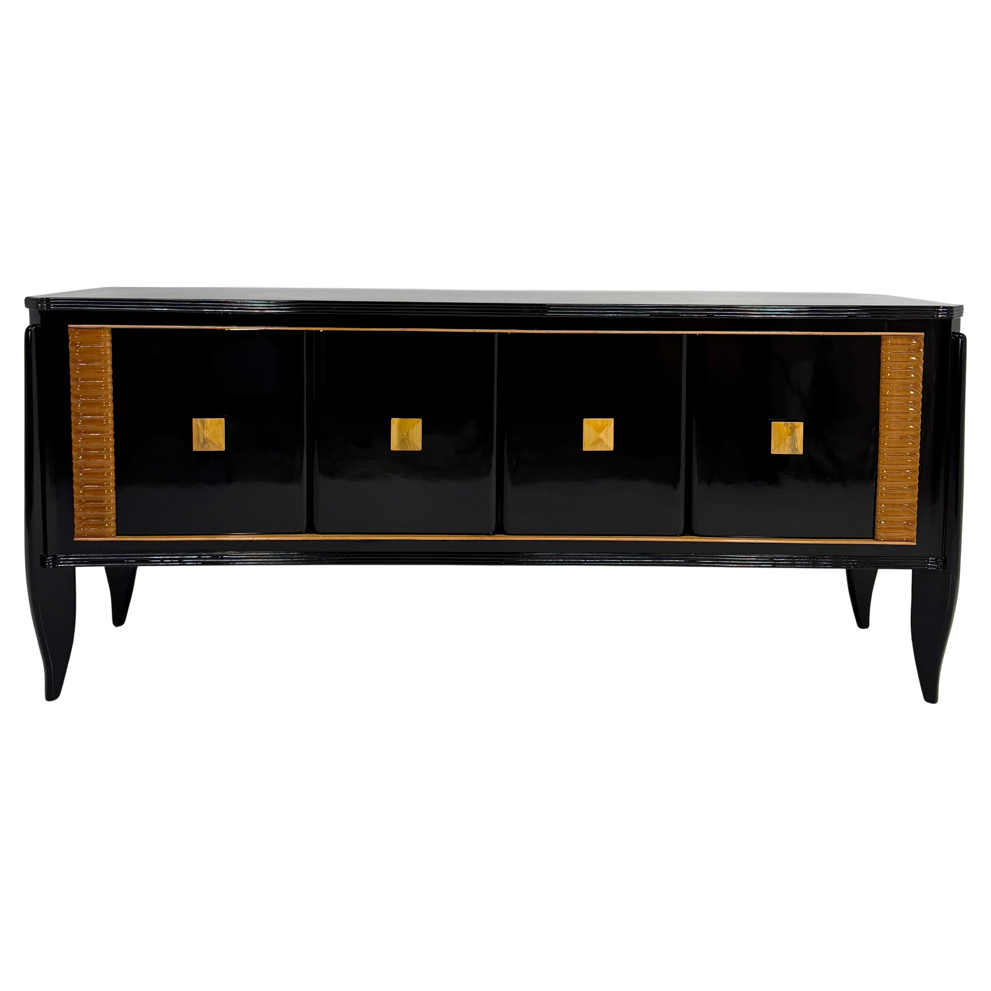 Italian Art Deco 1940s Black Ebonized Sideboard with Light Maple Details