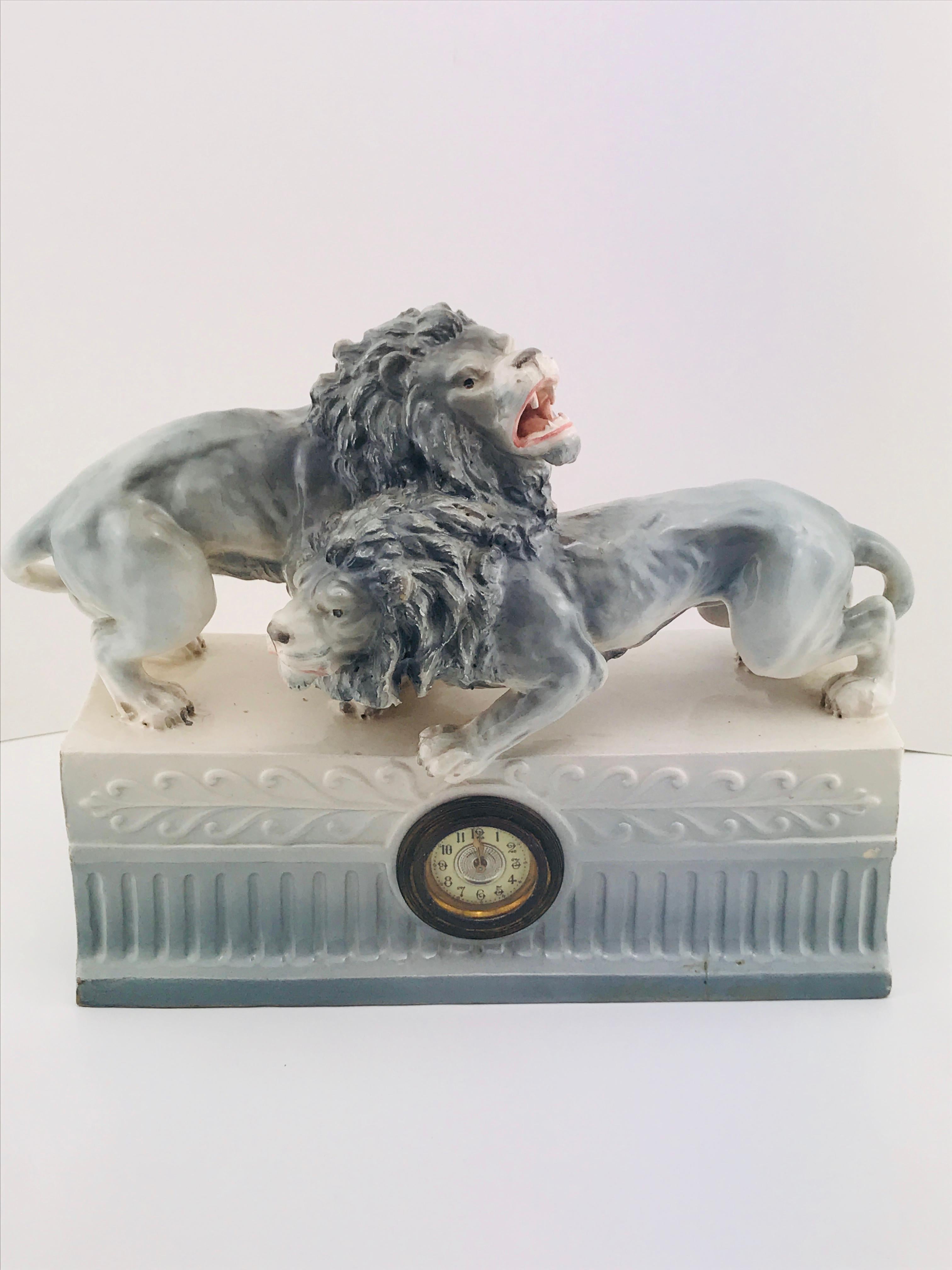 Italian Art Deco 1940s Ceramic Lions Sculpture Table Clock, 1940s 7