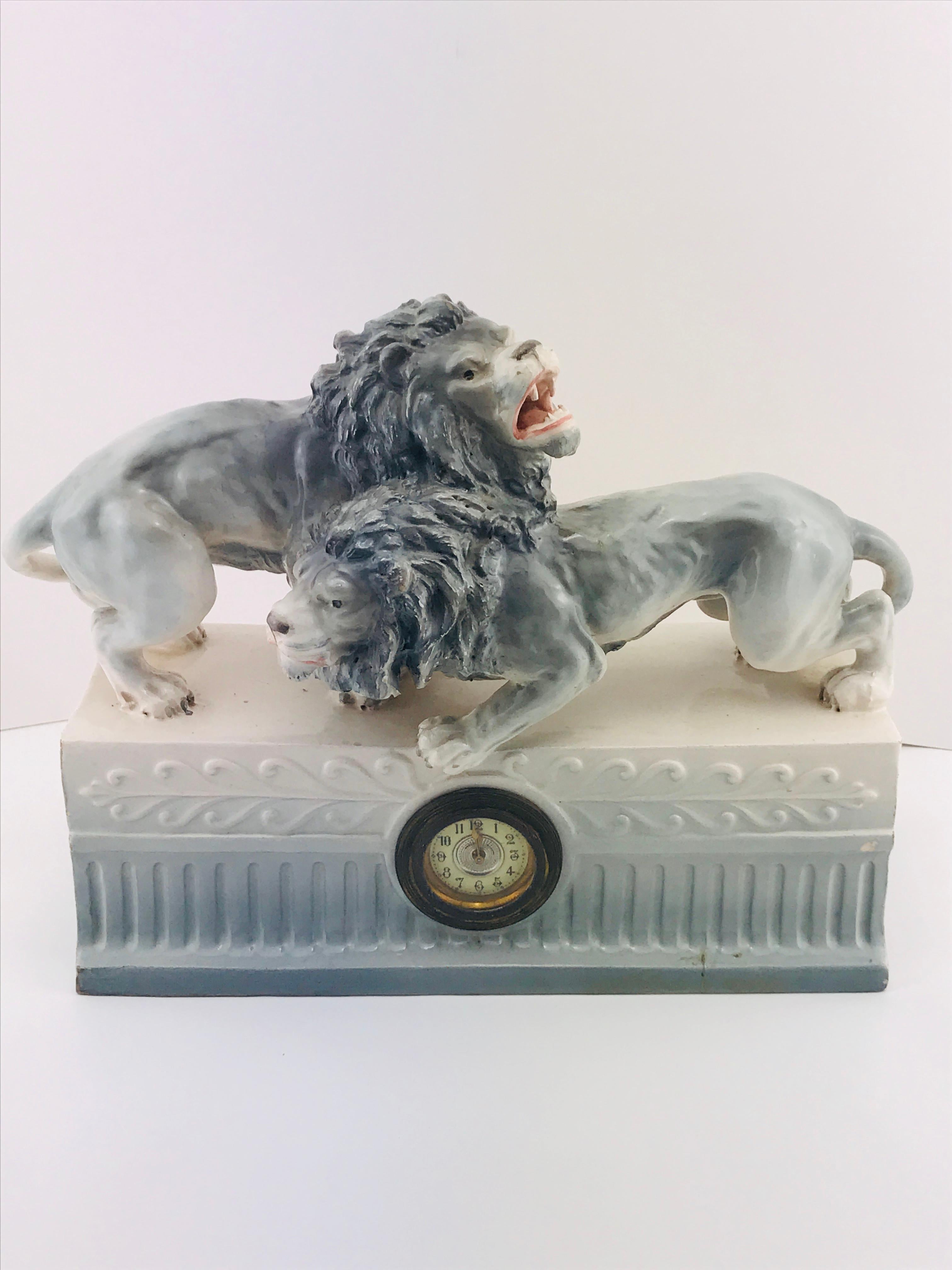 Italian Art Deco 1940s Ceramic Lions Sculpture Table Clock, 1940s 13