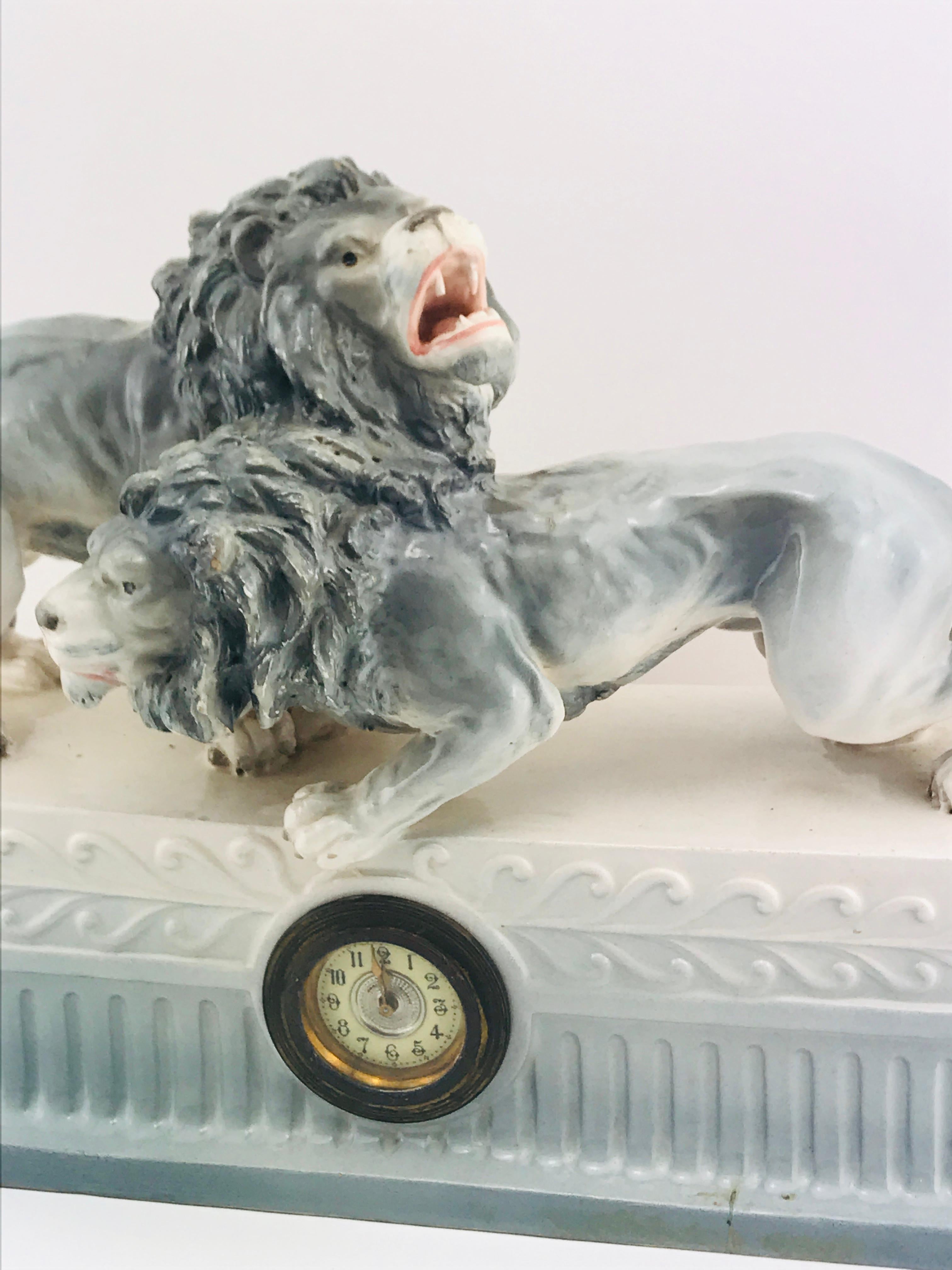 Italian Art Deco 1940s Ceramic Lions Sculpture Table Clock, 1940s 3