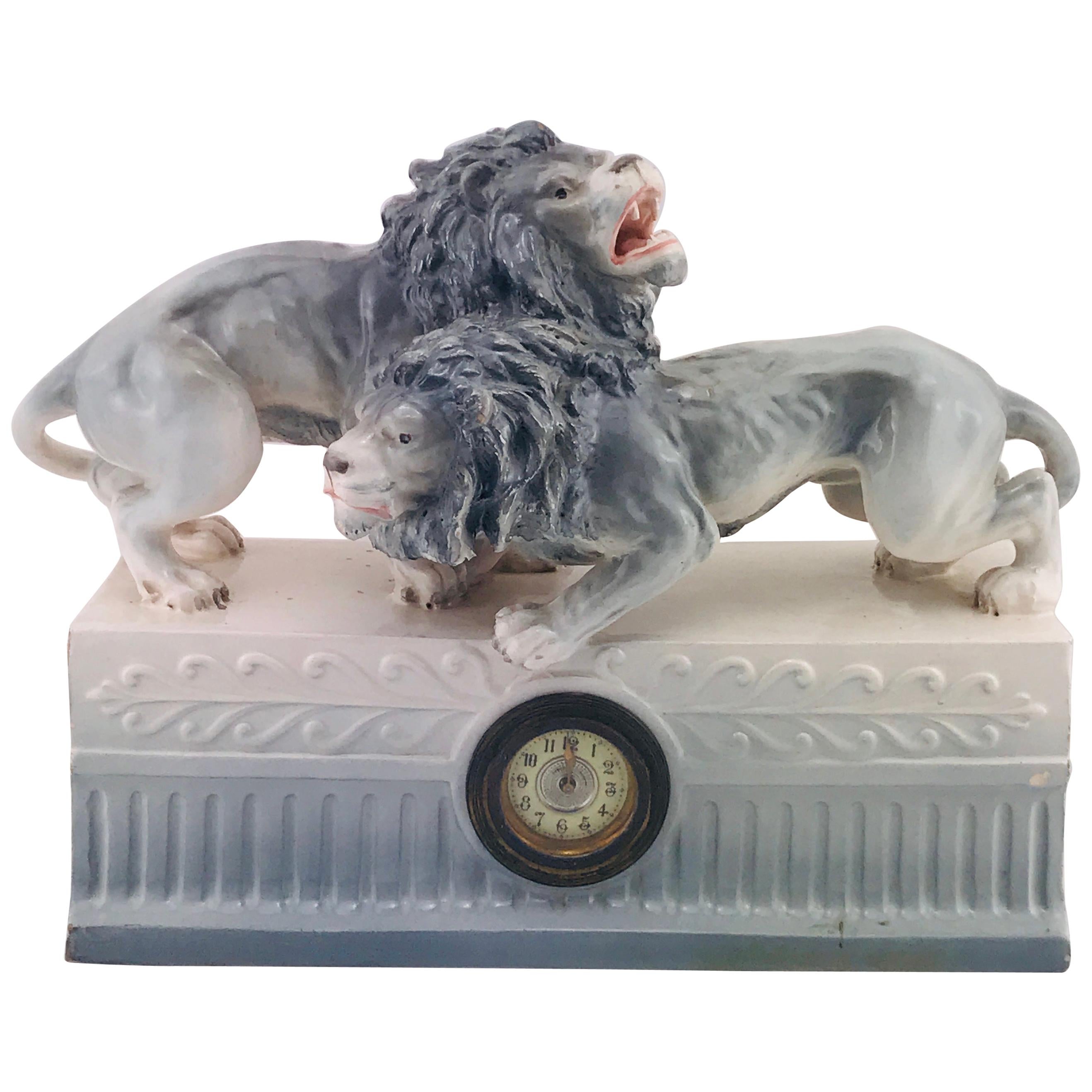 Italian Art Deco 1940s Ceramic Lions Sculpture Table Clock, 1940s