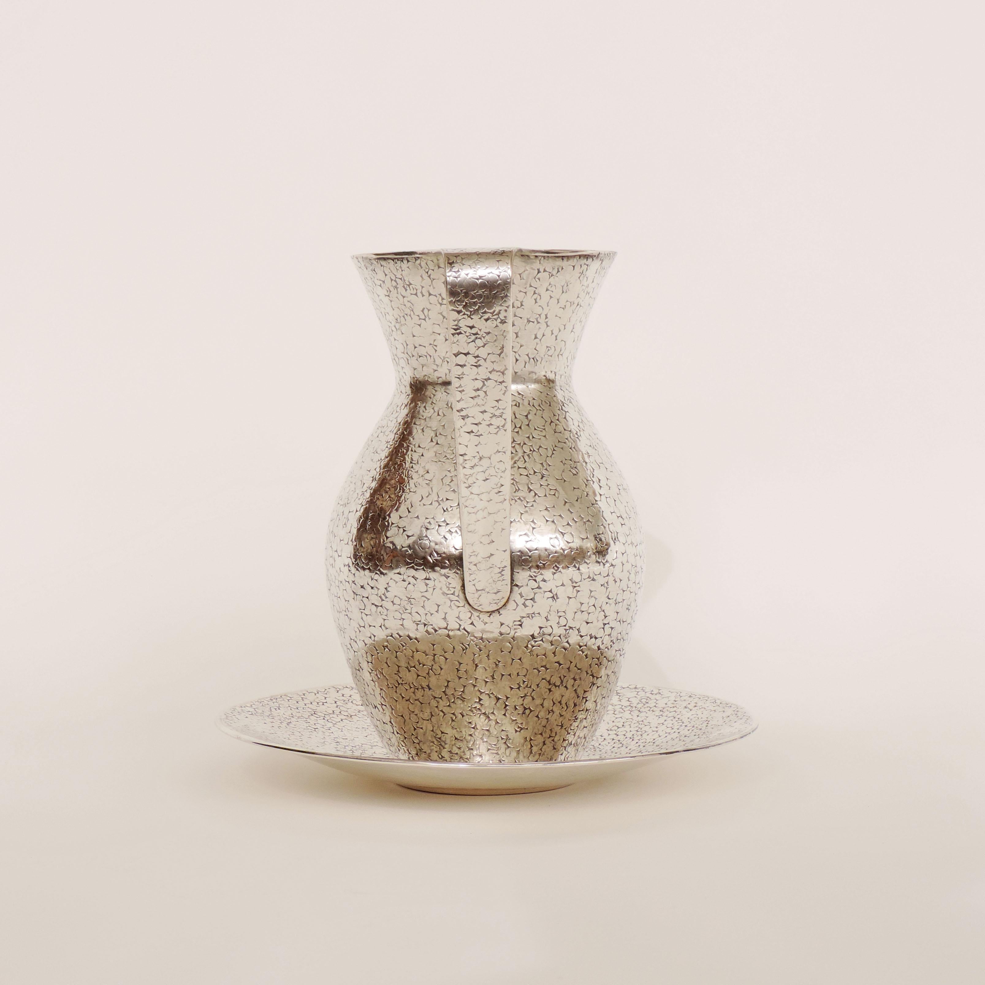 Italian Art Deco 1940s Hammered Silver Jug and Plate Attributed to Gio Ponti 1